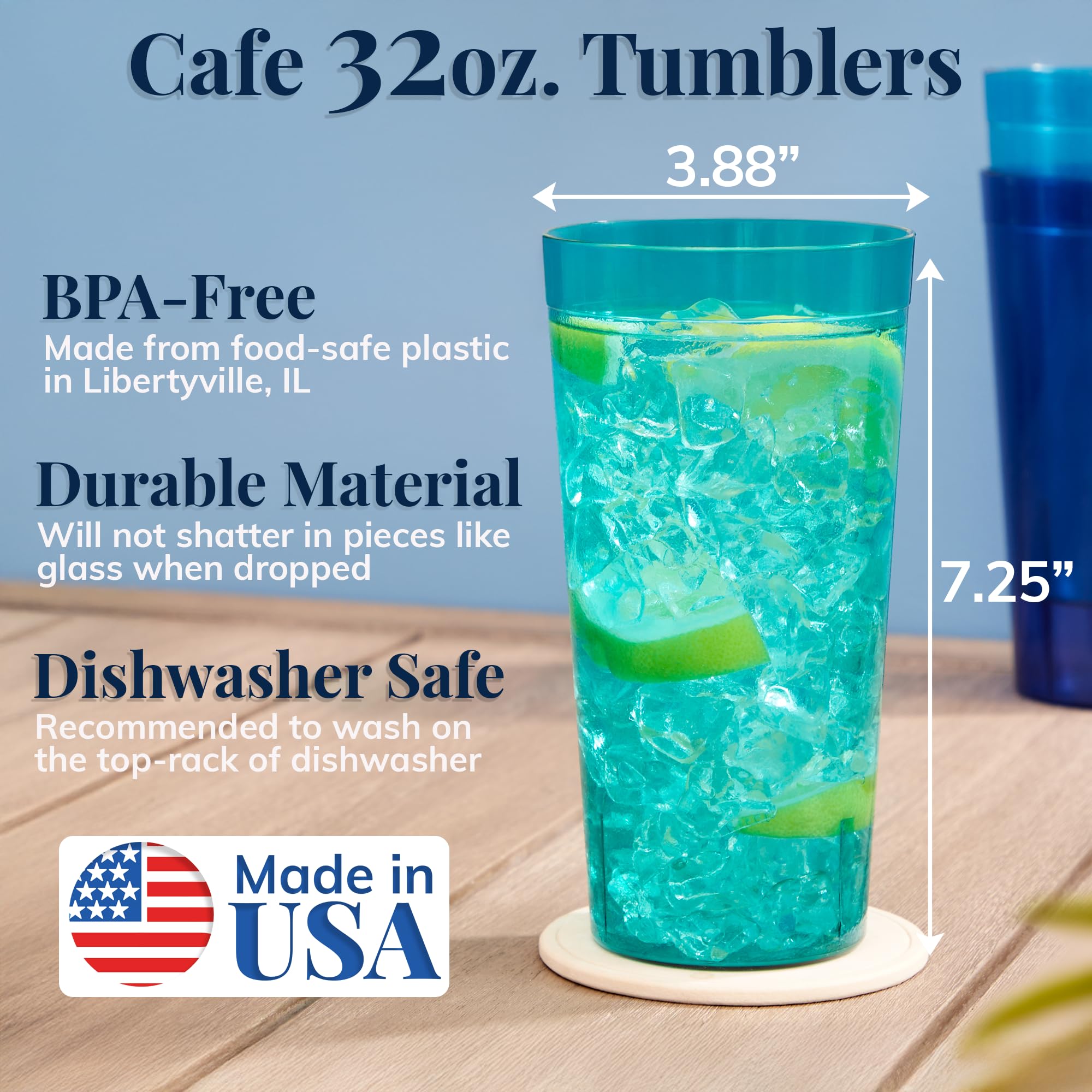 US Acrylic Caf? Plastic Reusable Tumblers (Set of 12) 32-ounce Iced-Tea Cups  Coastal  Value Set of Restaurant Style Drinking Glasses  Stackable  BPA-free  Made in the USA  Top-rack Dishwasher Safe