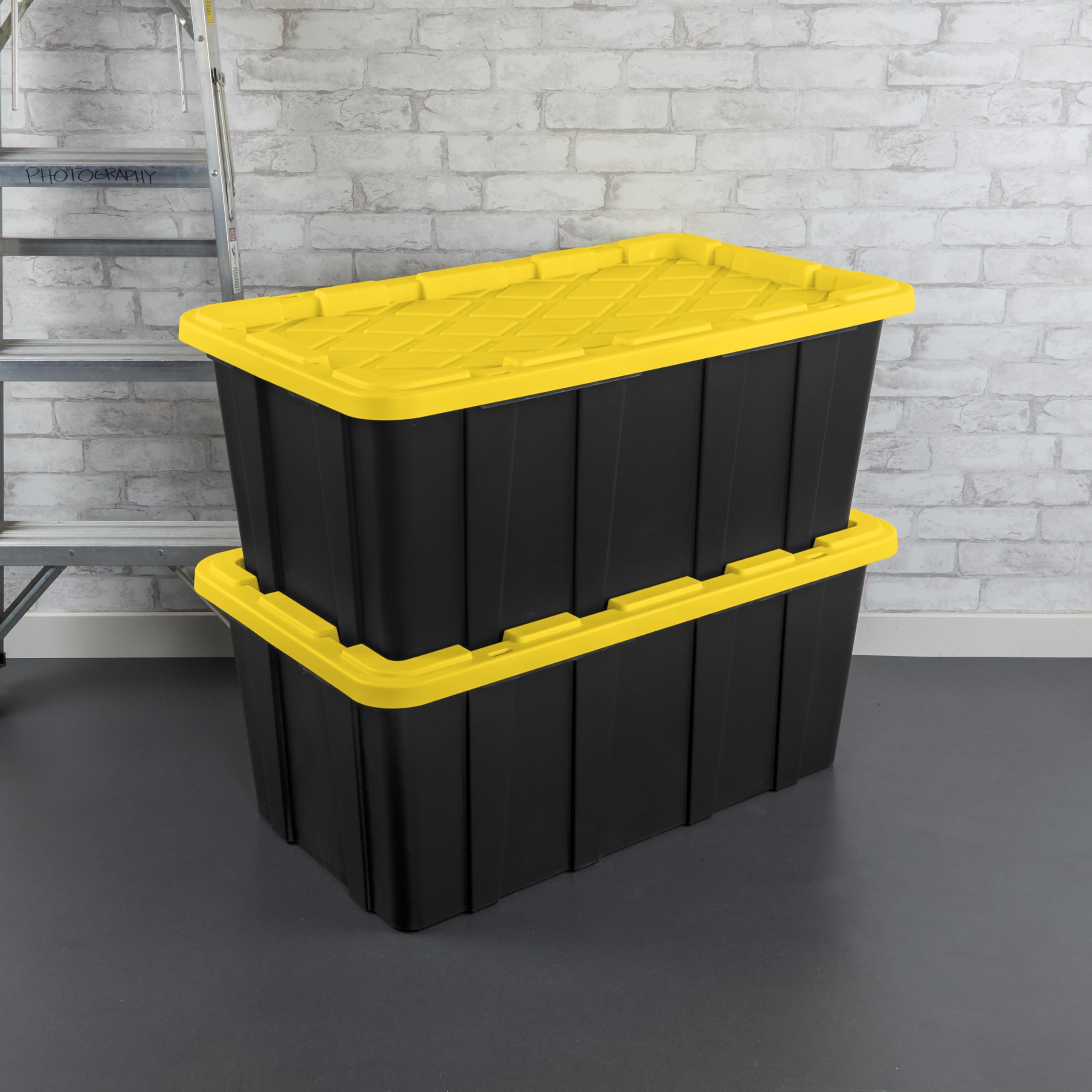 Sterilite 38 Gal Industrial Tote, Stackable Storage Bin With Snap-Fit Lid For Garage, Basement & Attic Storage, Black Base And Y