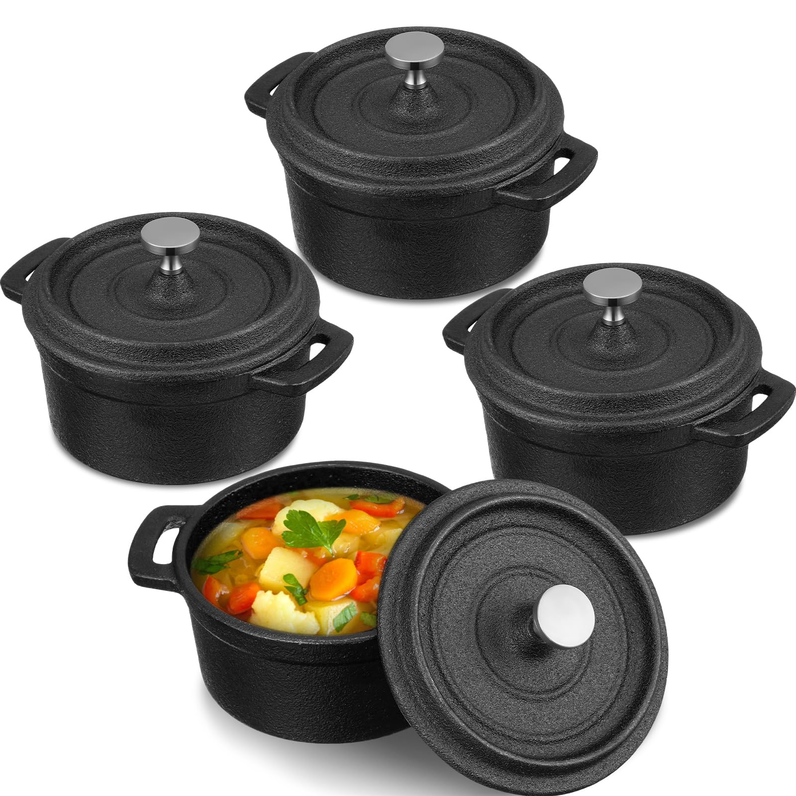 Suttmin 4 Pcs Mini Dutch Oven Small Round Iron Cocotte Black Dutch Oven Pot With Lid And Dual Handles Cast Iron Pot For Stovetop
