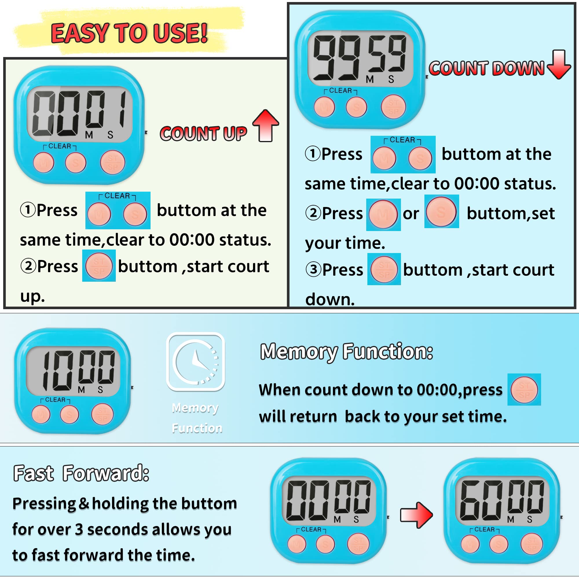 Classroom Timers for Teachers Kids Large Magnetic Digital Timer Teacher Supplies 24 Pack-Blue Pink