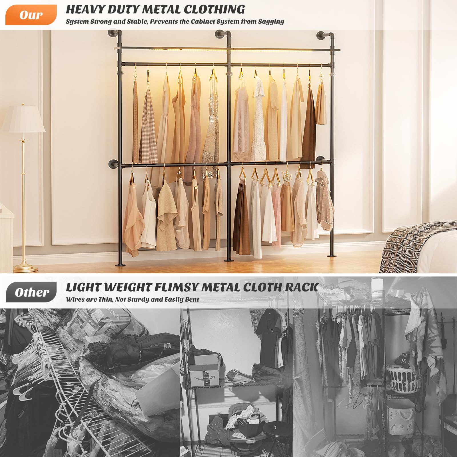 Aheaplus Industrial Pipe Clothing Rack, Reversible 79.7'' Clothes Rack For Hanging Clothes, Heavy Duty Garment Rack Closet Wardr