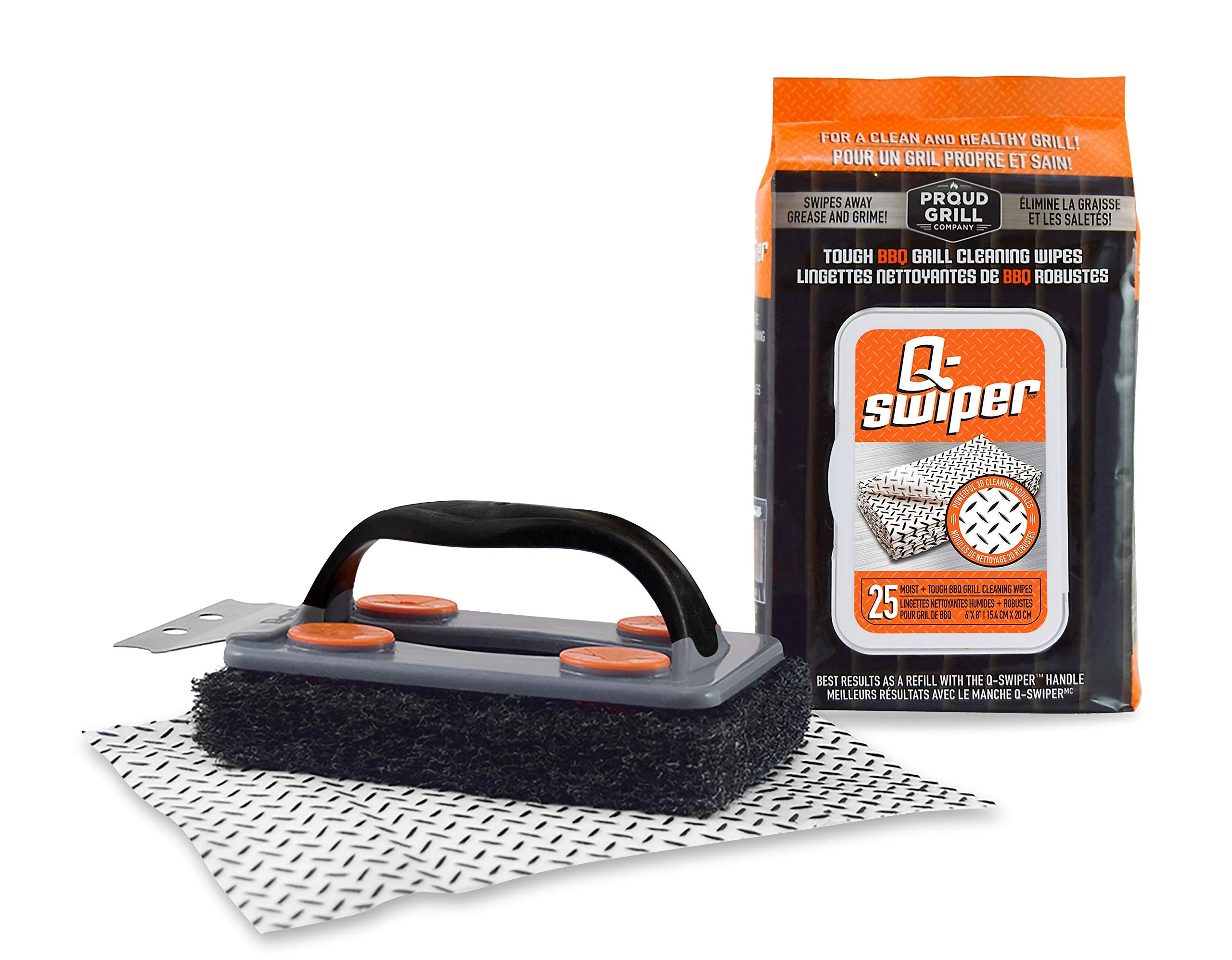 Q-Swiper Bbq Grill Cleaner Set - 1 Grill Brush With Scraper And 25 Bbq Grill Cleaning Wipes | No Bristles & Wire Free | Safe Way