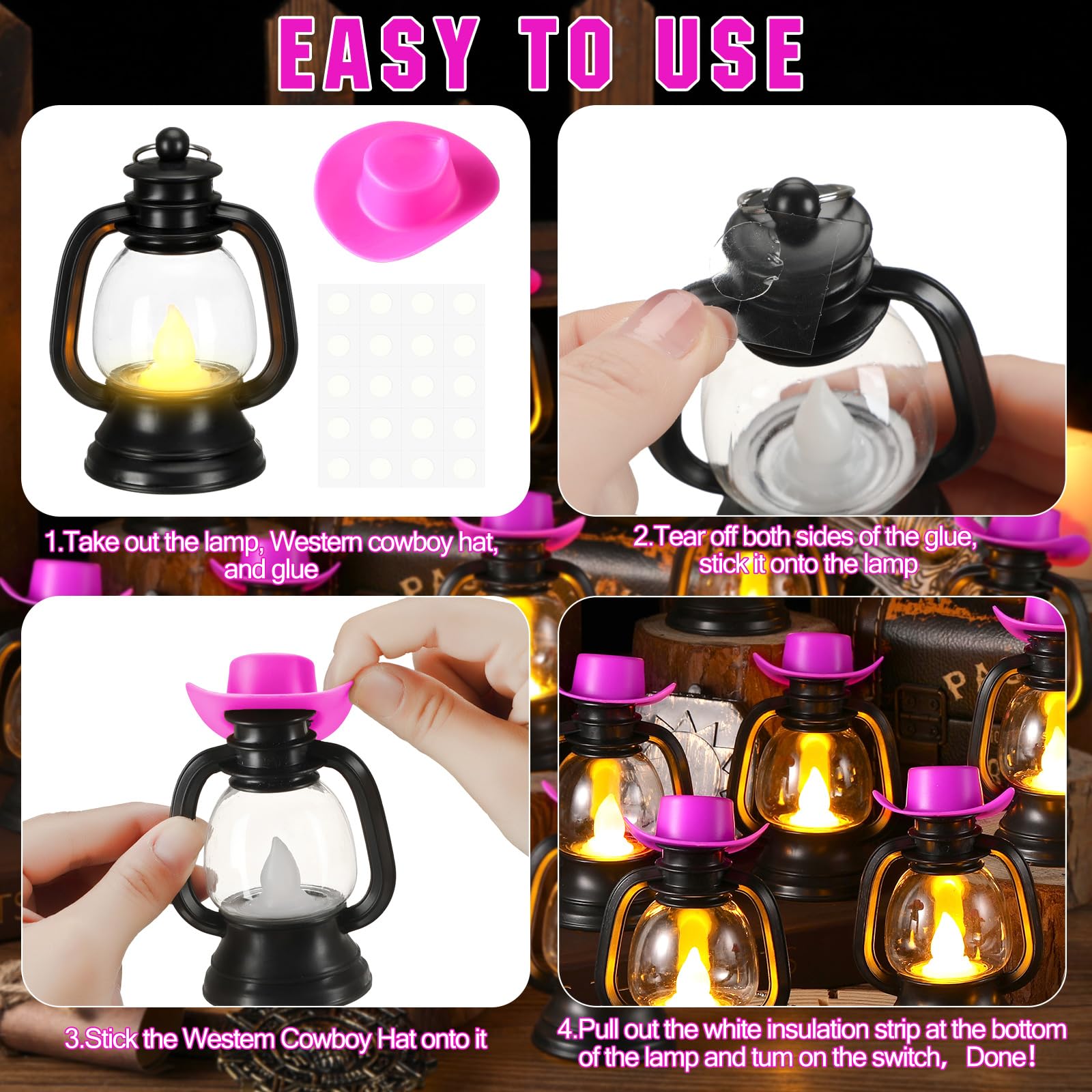 ROCEEI 12 Pieces Cowboy Hats Mini Lantern Western Cowgirl Small Lantern Decoration Retro Tiny Lamp with LED Candle Hanging Table