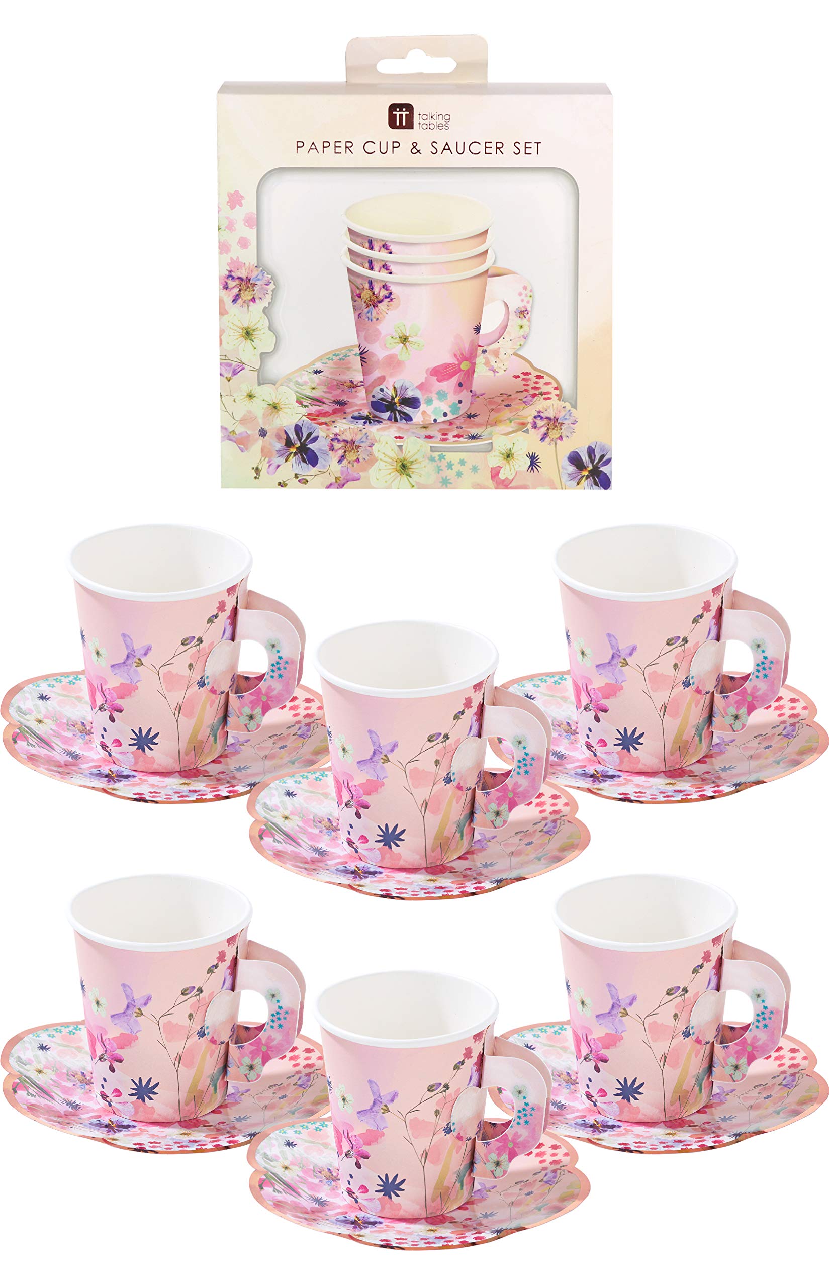 Talking Tables BG-CUPSET Blossom Party Paper Tea Cups, Pack of 12, Height 8cm, 3, Pink and Gold