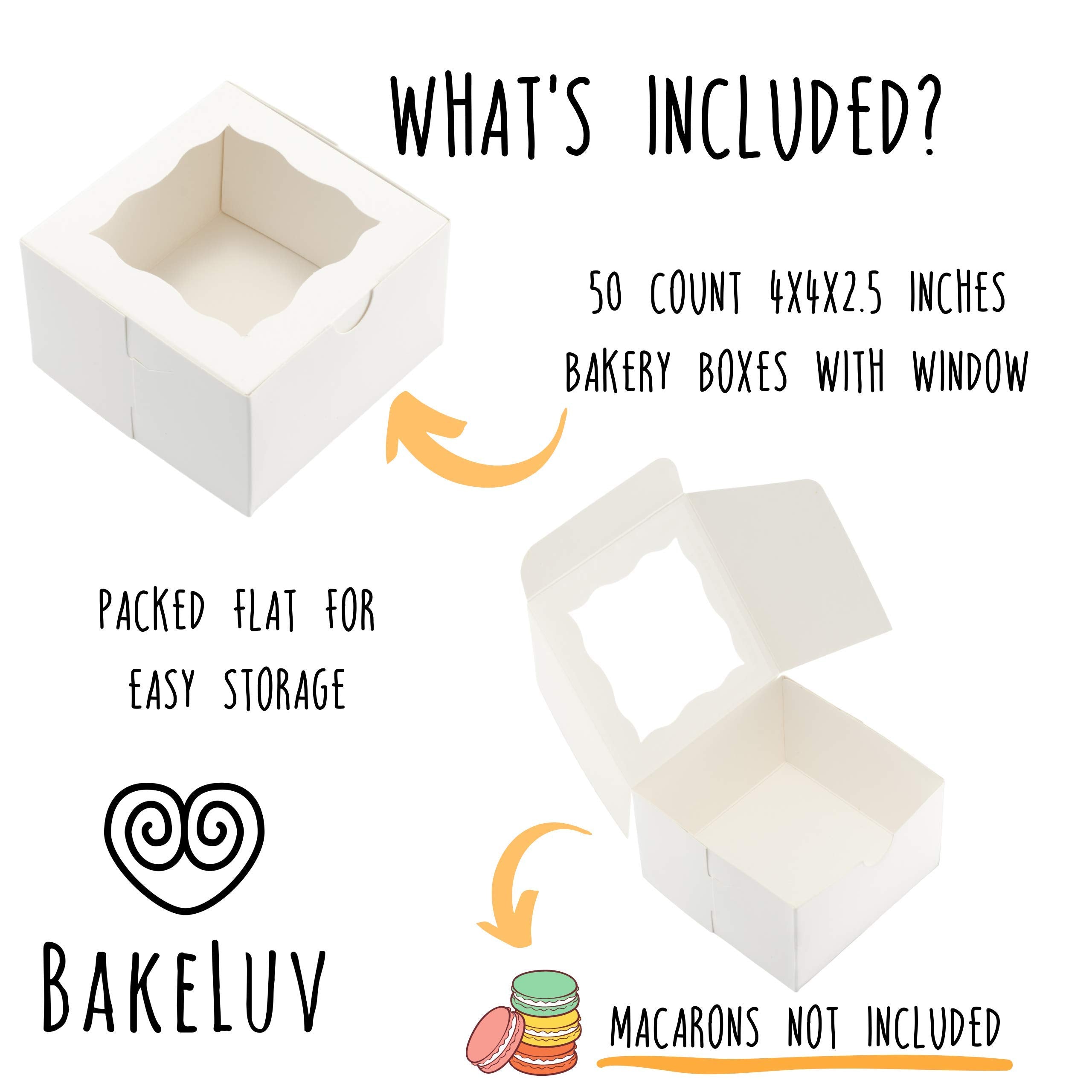 Bakeluv 4X4X2.5 Small Bakery Boxes With Window | White, 50 Pcs | Macaron Boxes, Mini Cake Boxes, Small Cookie Boxes For Gift Giv