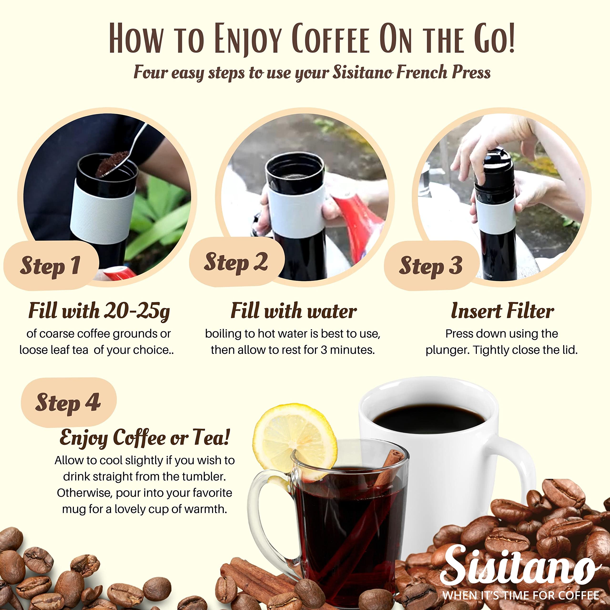 Sisitano 2In1 Travel French Press Coffee Maker, Portable 11.8 Oz Tumbler Coffee French Press For Ground Coffee & Tea Leaves; Ice