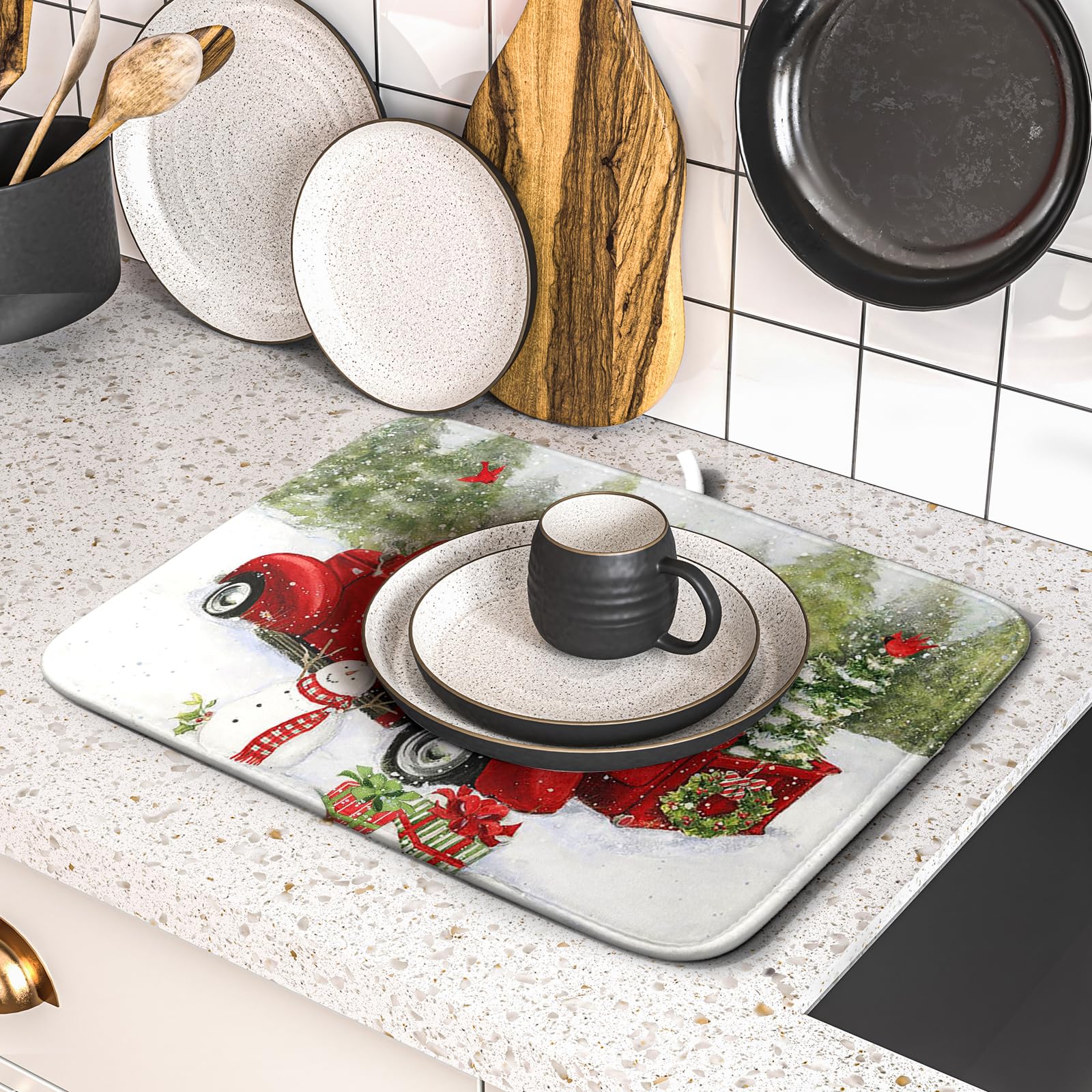 Red Truck Snowman Christmas Drying Mat For Kitchen Counter 16X18 Inch Winter Xmas Tree Mat Pad Red Bird Dishes Pad Dish Drainer