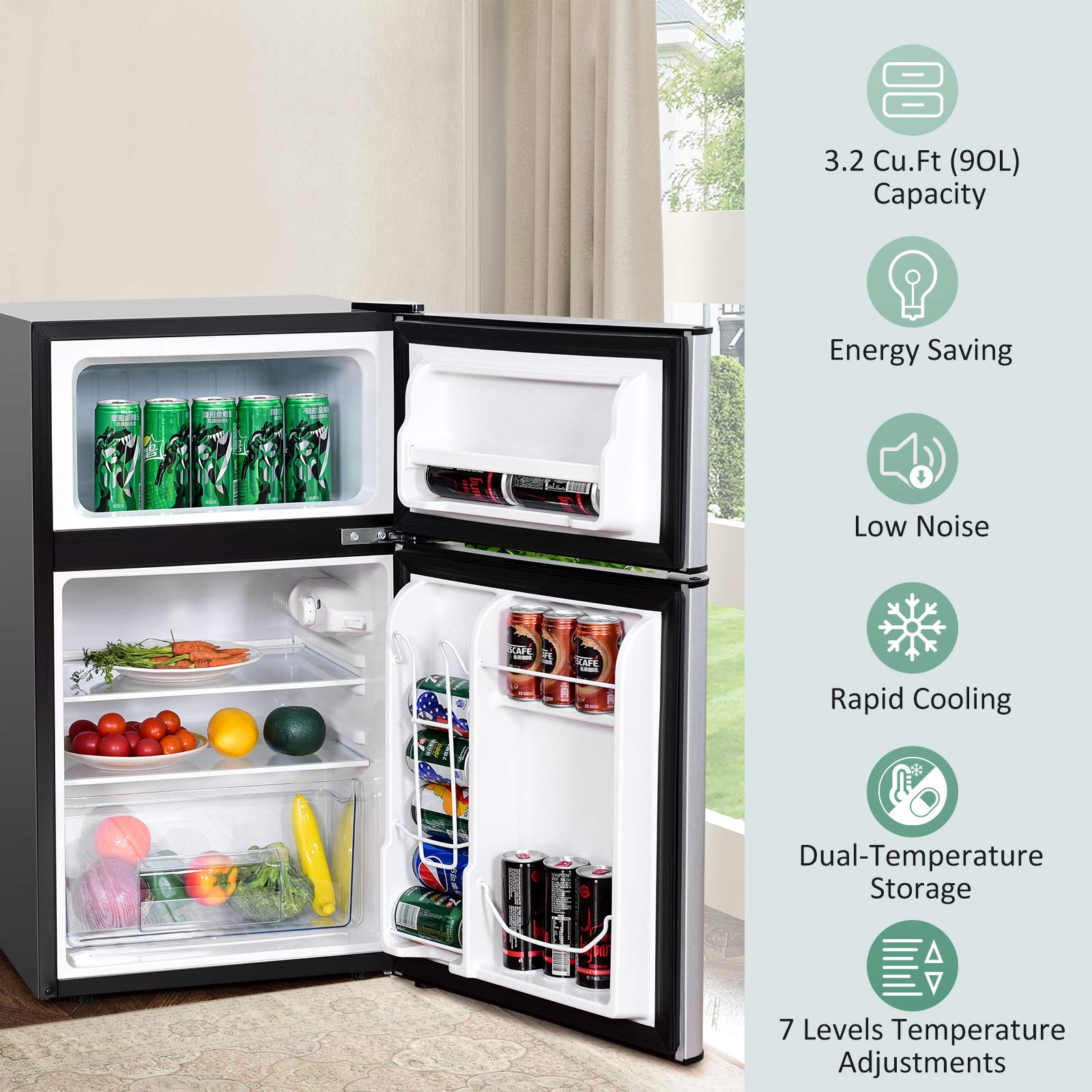 Arlime Compact Refrigerator, 3.2 Cu Ft. Unit 2-Door Mini Freezer Cooler Fridge With Reversible Door, Removable Glass Shelves, Me