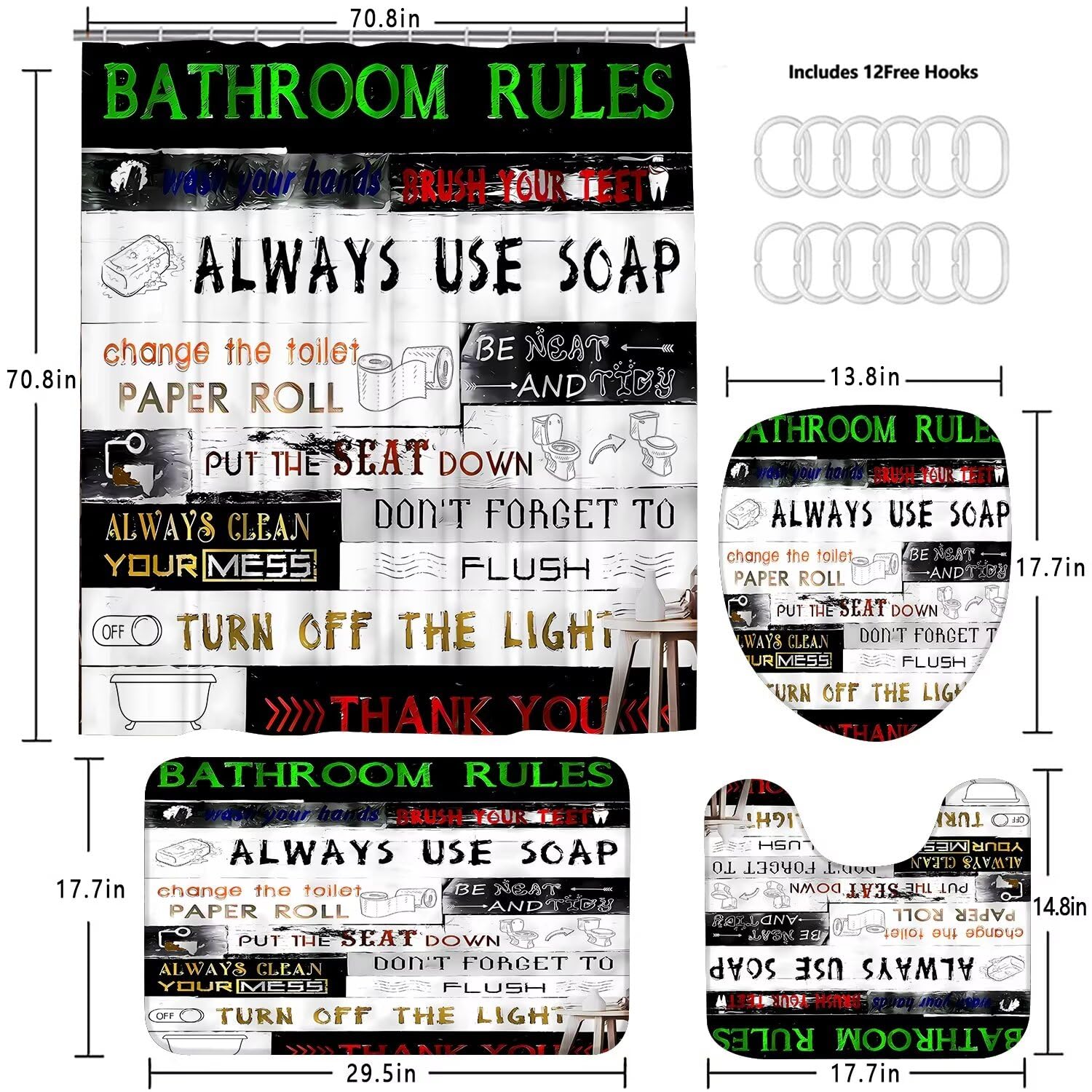 Azhm Letter Plank Pattern Shower Curtain Set For Bathroom 4 Pcs Black Bathroom Accessory Decor Sets With Shower Curtain And Rugs