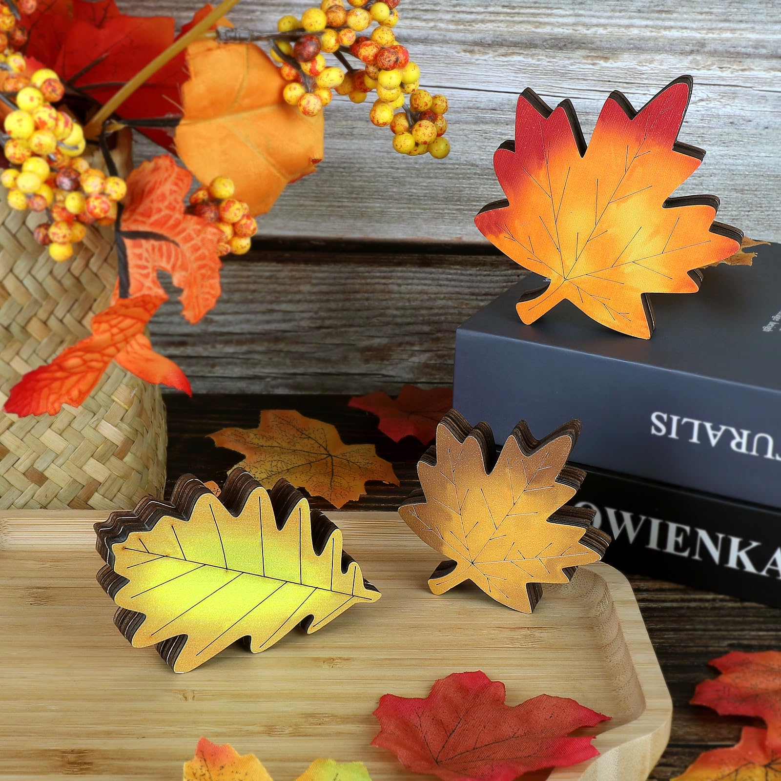 Thanksgiving Decorations for Home - 3 Pcs Fall Rustic Maple & Oak Leaf Wooden Table Decor, Autumn Farmhouse Signs for Mantel, Sh