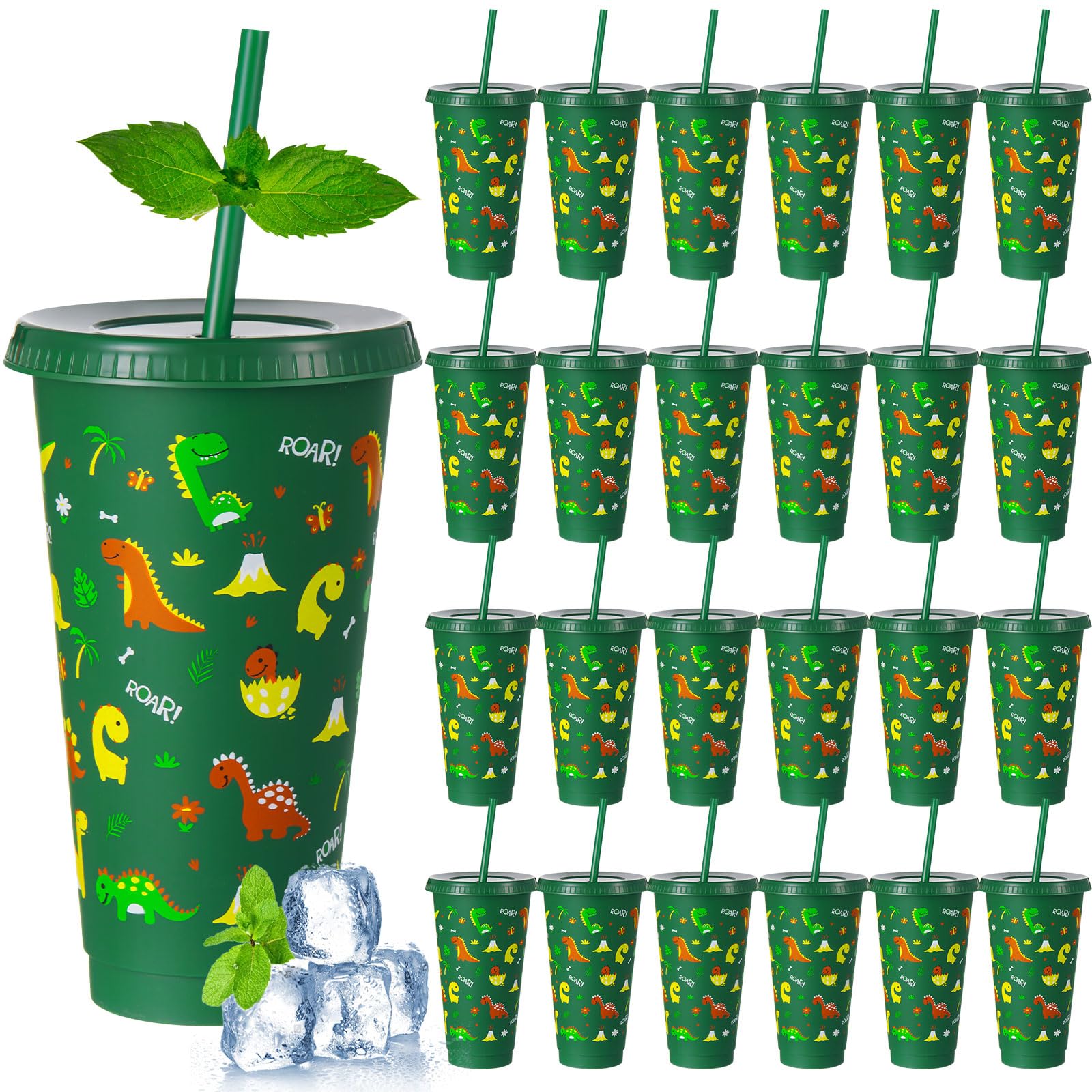 Uiifan 24 Pcs Plastic Dinosaur Cups for Kids 24oz Reusable Dino Tumbler with Lid and Straw Dino Party Favors Drinking Cups for K