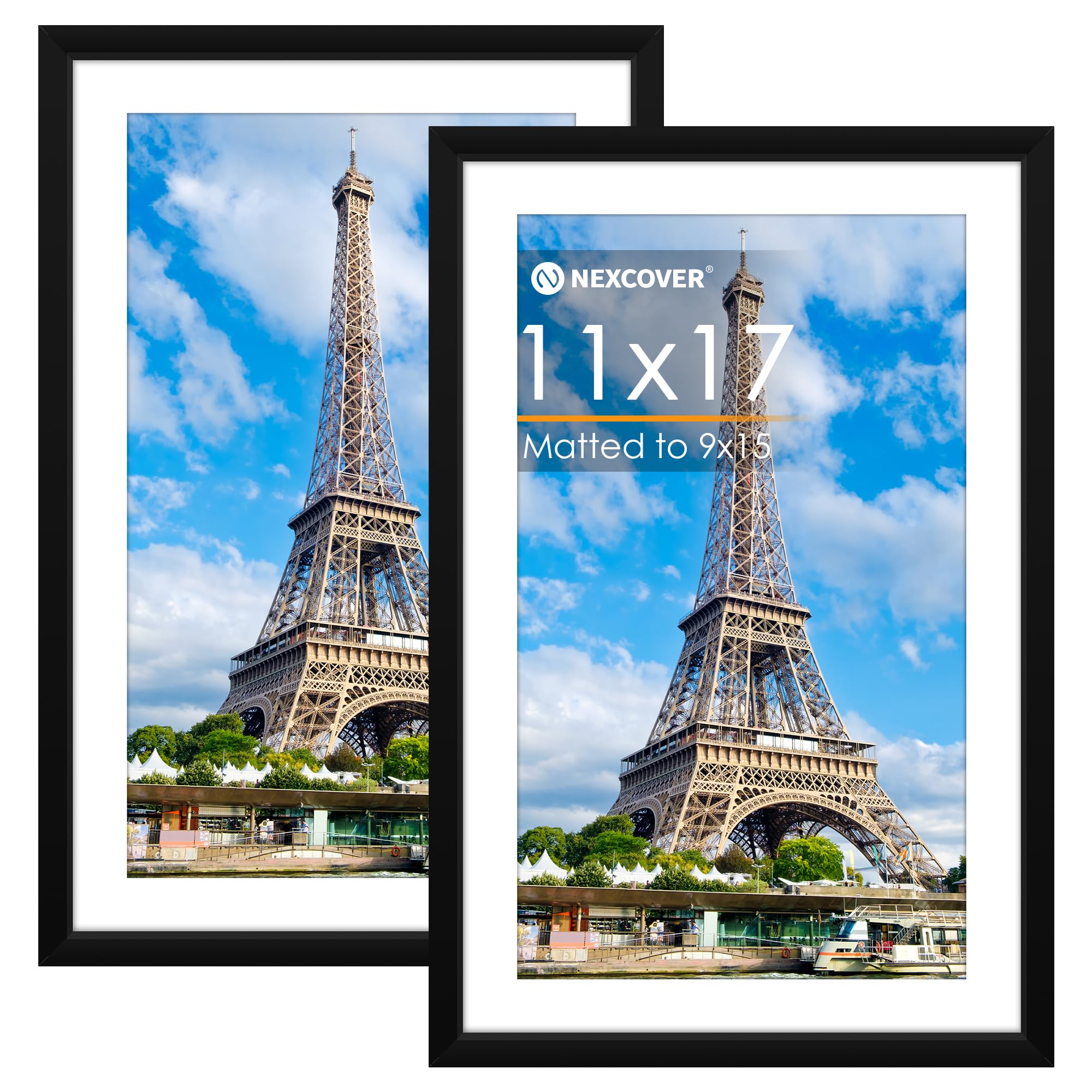 NEXCOVER 11x17 Picture Frame Matted to 9x15, Black 2PK Picture Frames 17x11 for Horizontal and Vertical Wall Hanging, Lightweigh