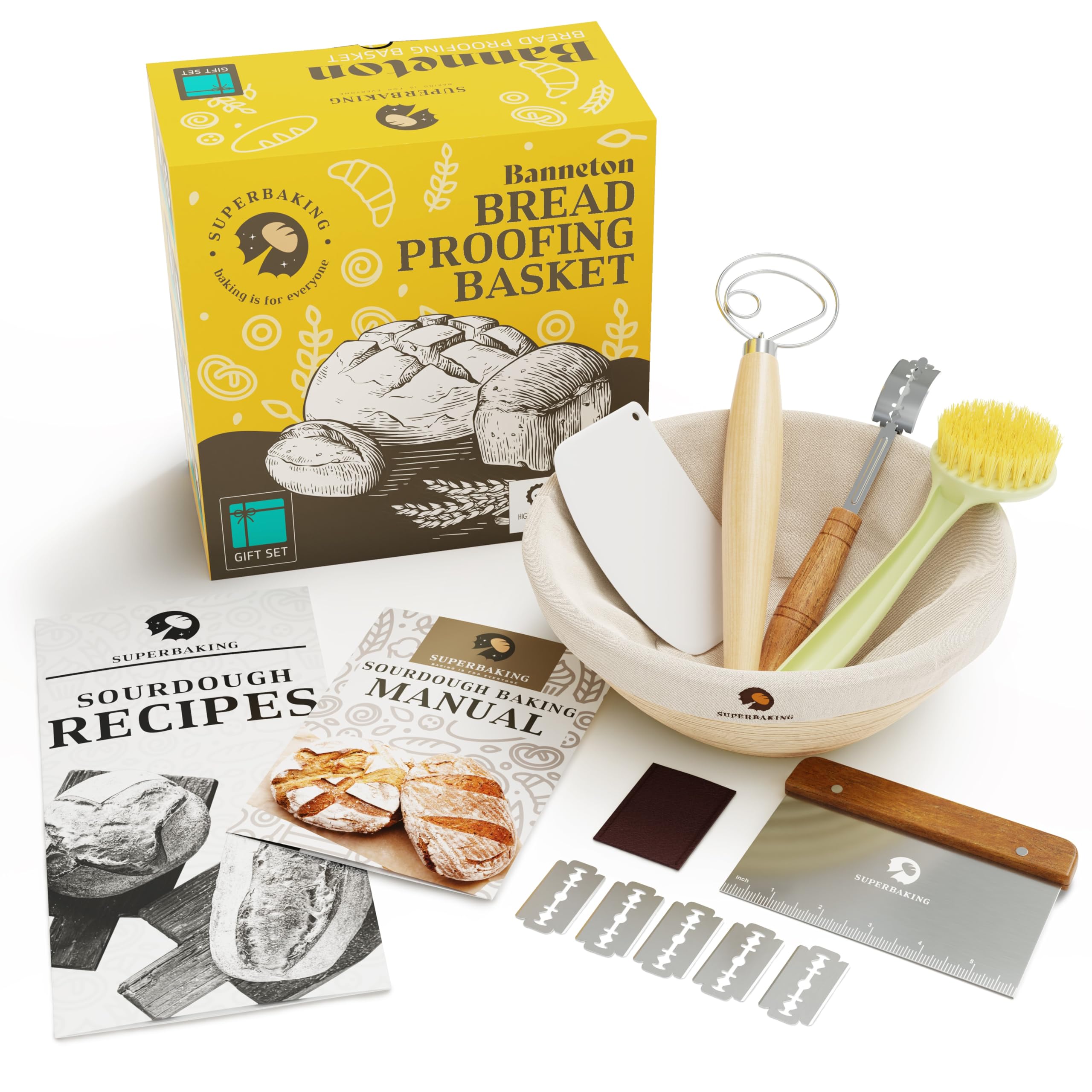 Superbaking 9 Round Banneton Bread Proofing Basket Gift Set- Sourdough Starter Kit for Crusty Artisan Style Loaves, Includes Es