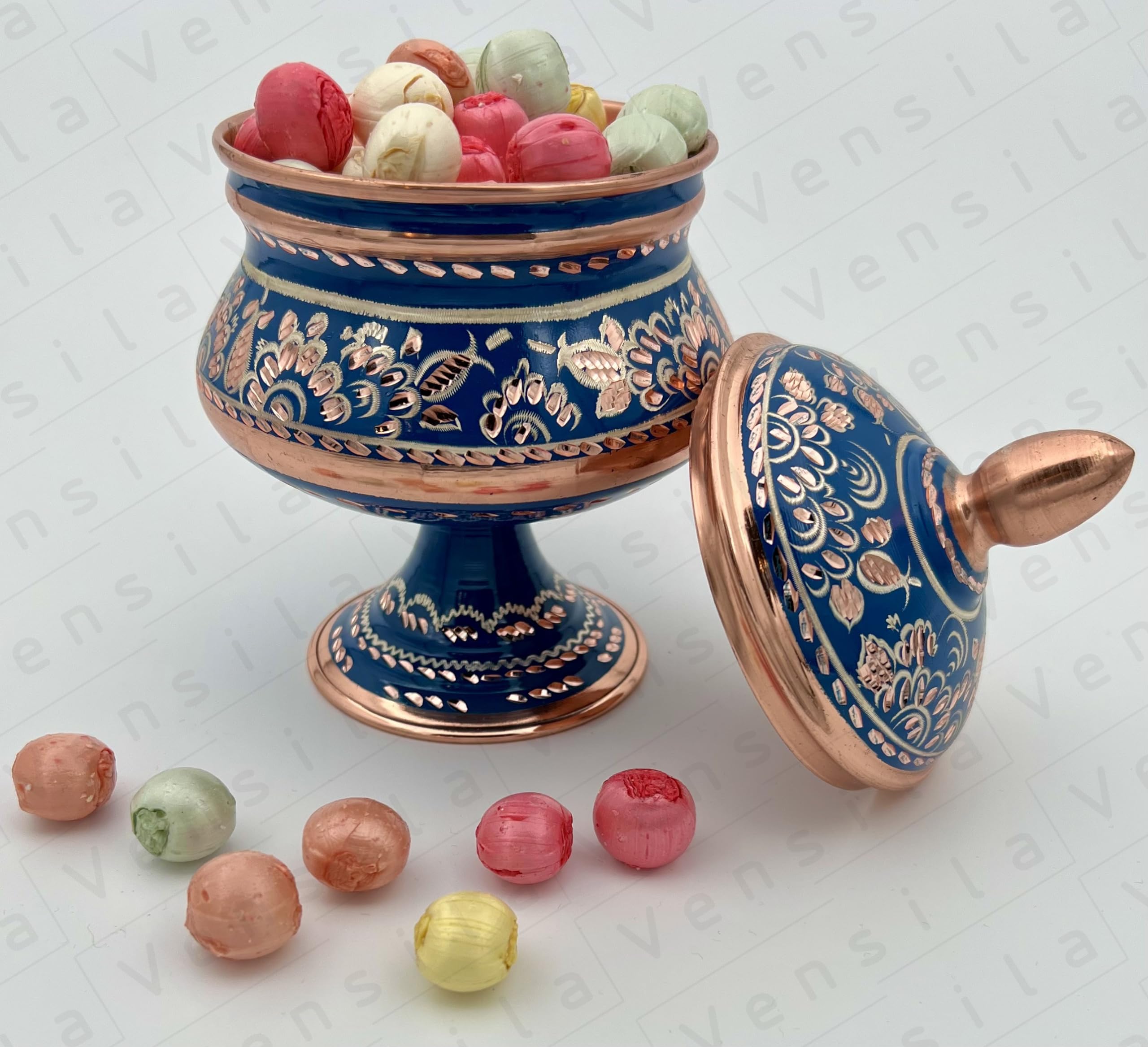 Vensila Copper Sugar Bowl With Lid || Handmade Patterned Candy Container || Housewarming Gift For Weddings And Christmas || Blue