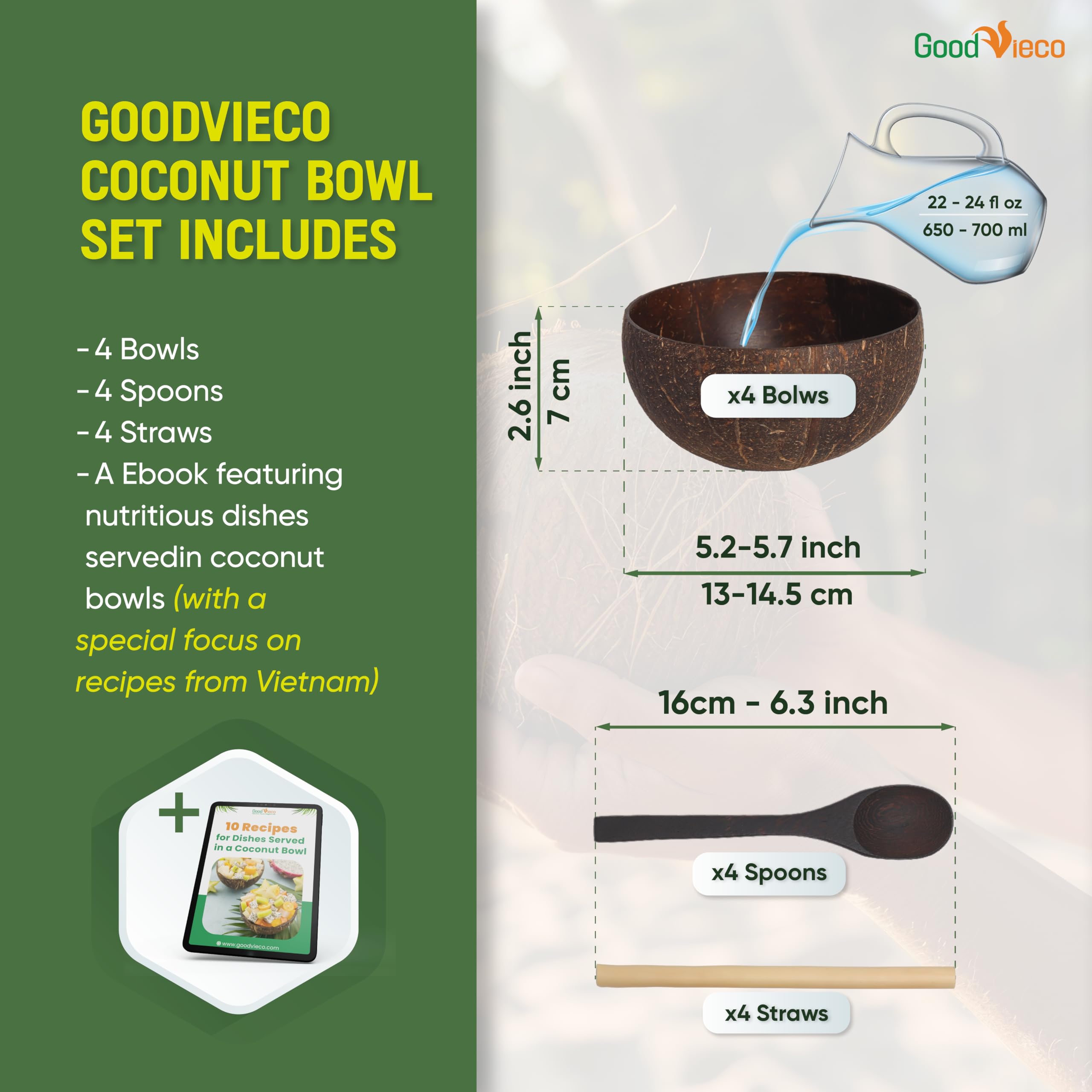 GoodVieco Coconut Bowl Set (4, Polished) - Natural Coconut Shell Bowls with Bamboo Straws & Wooden Spoons - Eco Friendly Gifts f
