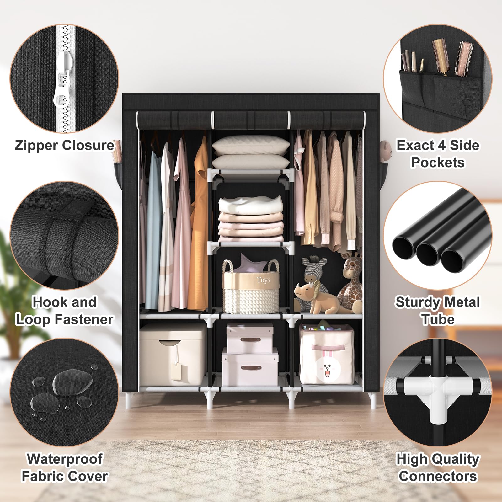 Vtrin Portable Closet, Large Capacity Portable Wardrobe With 2 Hanging Rods And 8 Storage Shelves, Sturdy Free Standing Closet W