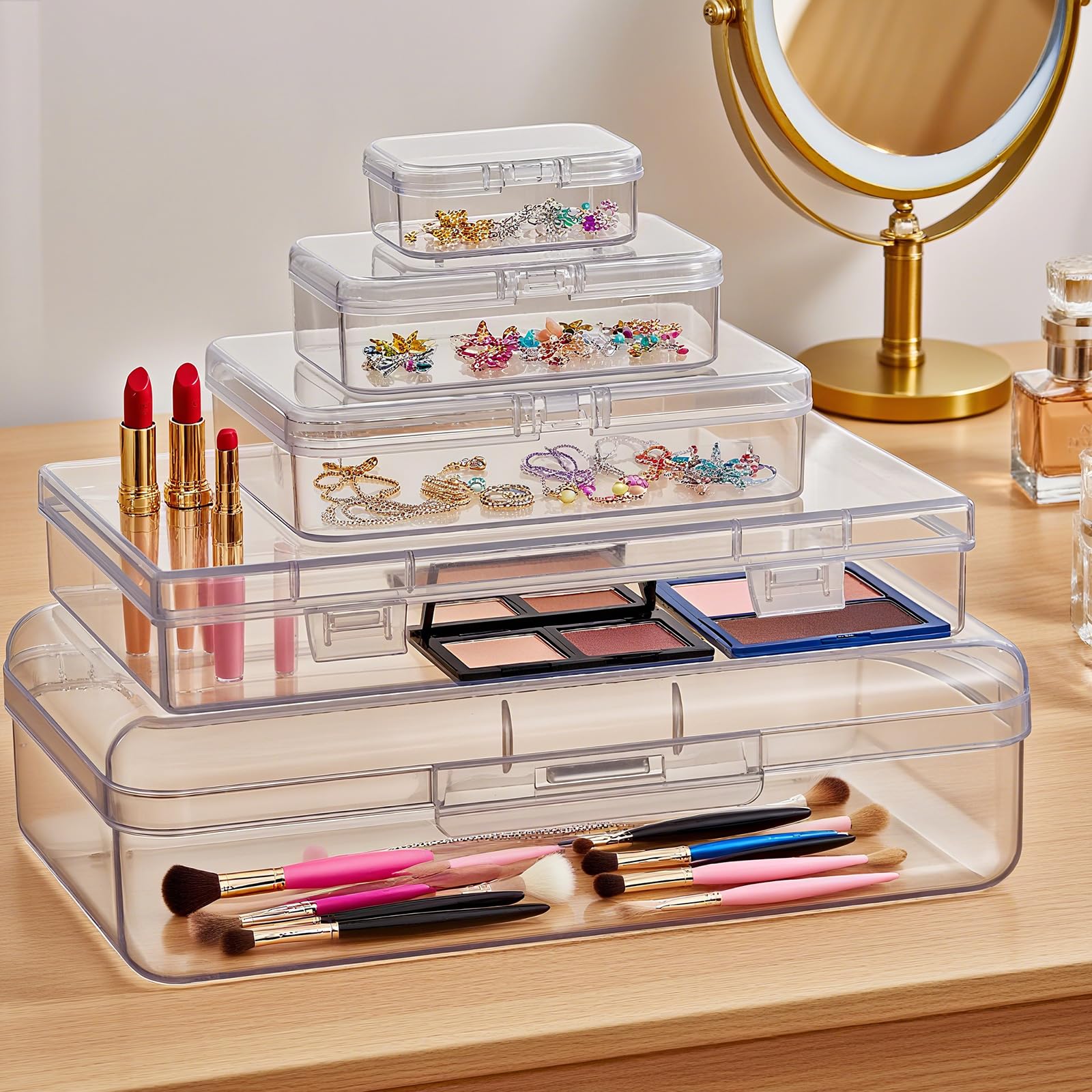 Goodma 42 Pieces Mixed Sizes Rectangular Empty Mini Clear Plastic Organizer Storage Box Containers with Hinged Lids for Small It
