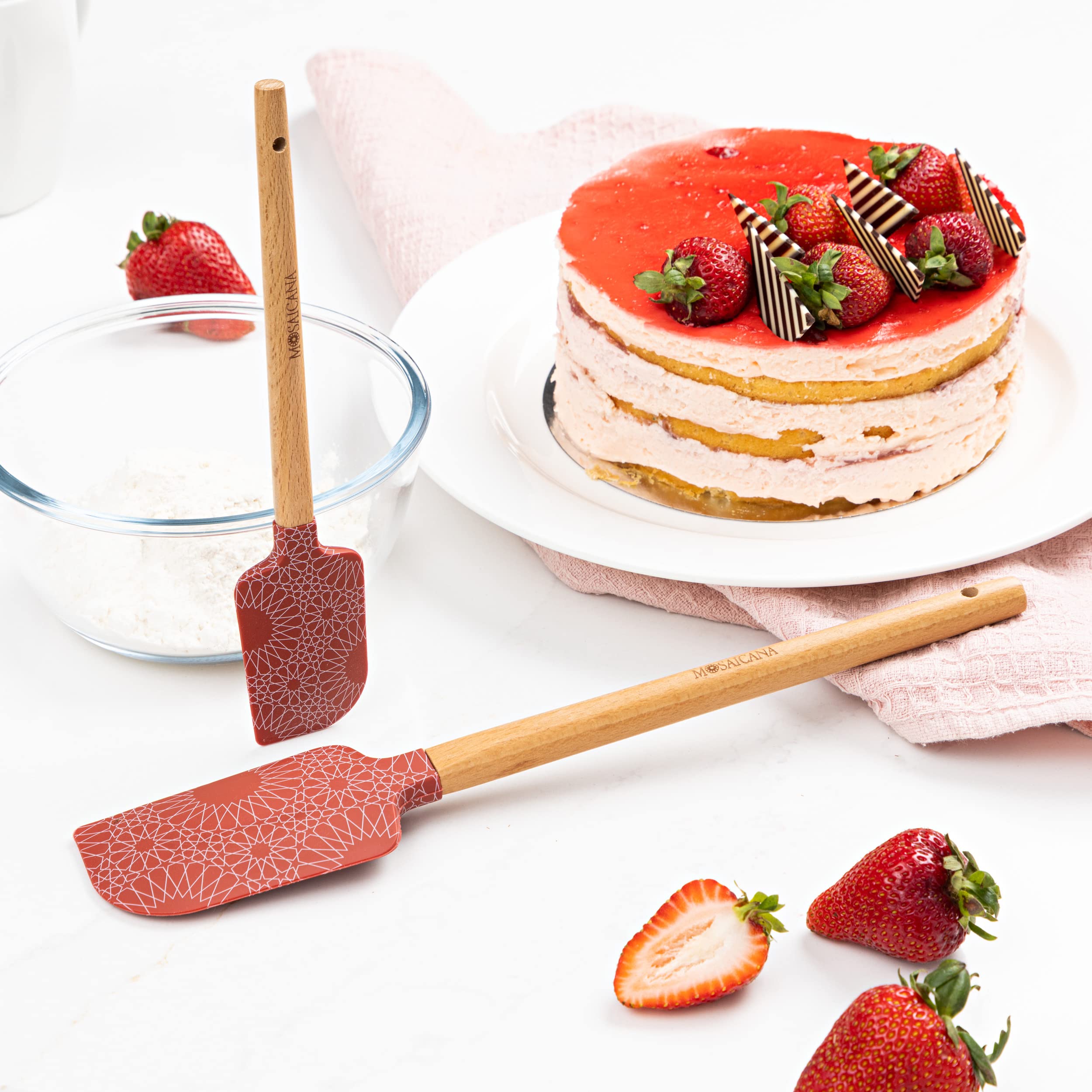 Silicone Spatula Set Of 2 With Wooden Handle And Stunning Pattern (Red)