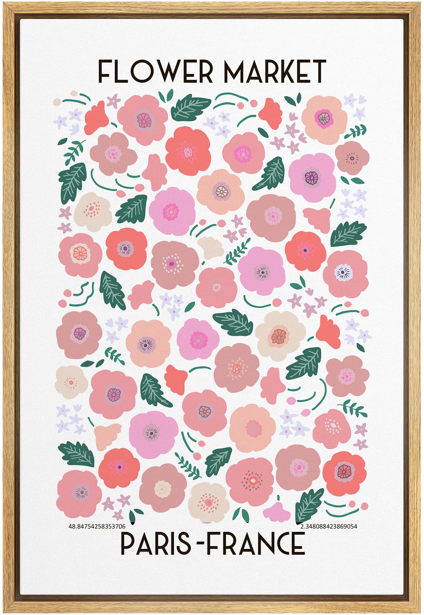 Mudecor Framed Canvas Print Wall Art Paris France Pink, Red & Green Flower Market Floral Nature Illustrations Modern Art Chic Co
