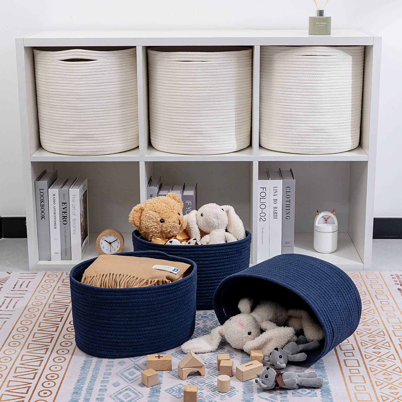 CubesLand Navy Cotton Rope Baskets for Shelves Storage  Cube Shelf Closet Storage Baskets Bins Set 3  Long-lasting Skin-friendly Storage Basket Bin  Stylish Room Decor Basket  Woven Basket for Shelves