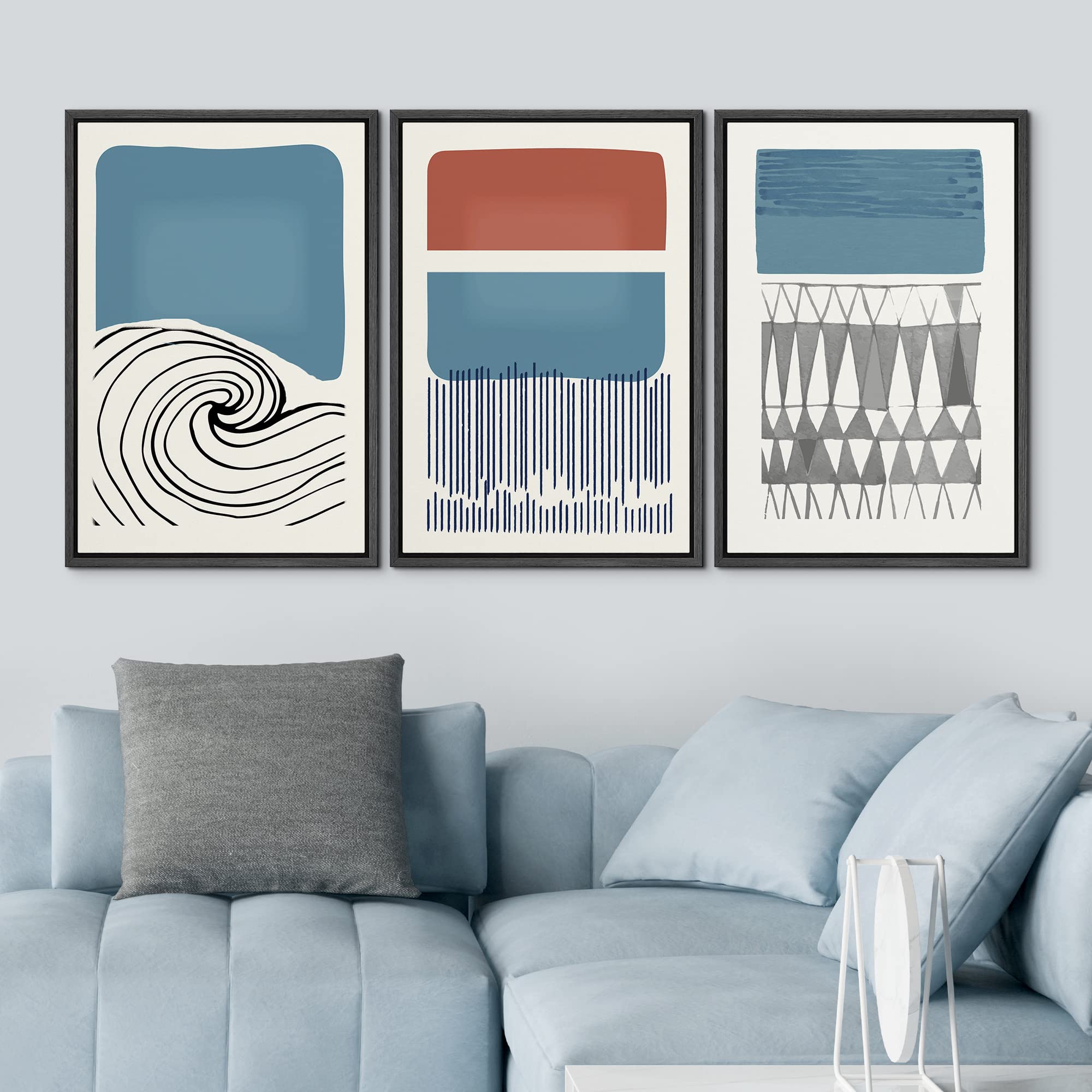 Idea4Wall Framed Canvas Print Wall Art Set Mid-Century Ocean Wave Geometric Color Blocks Abstract Shapes Illustrations Minimalis