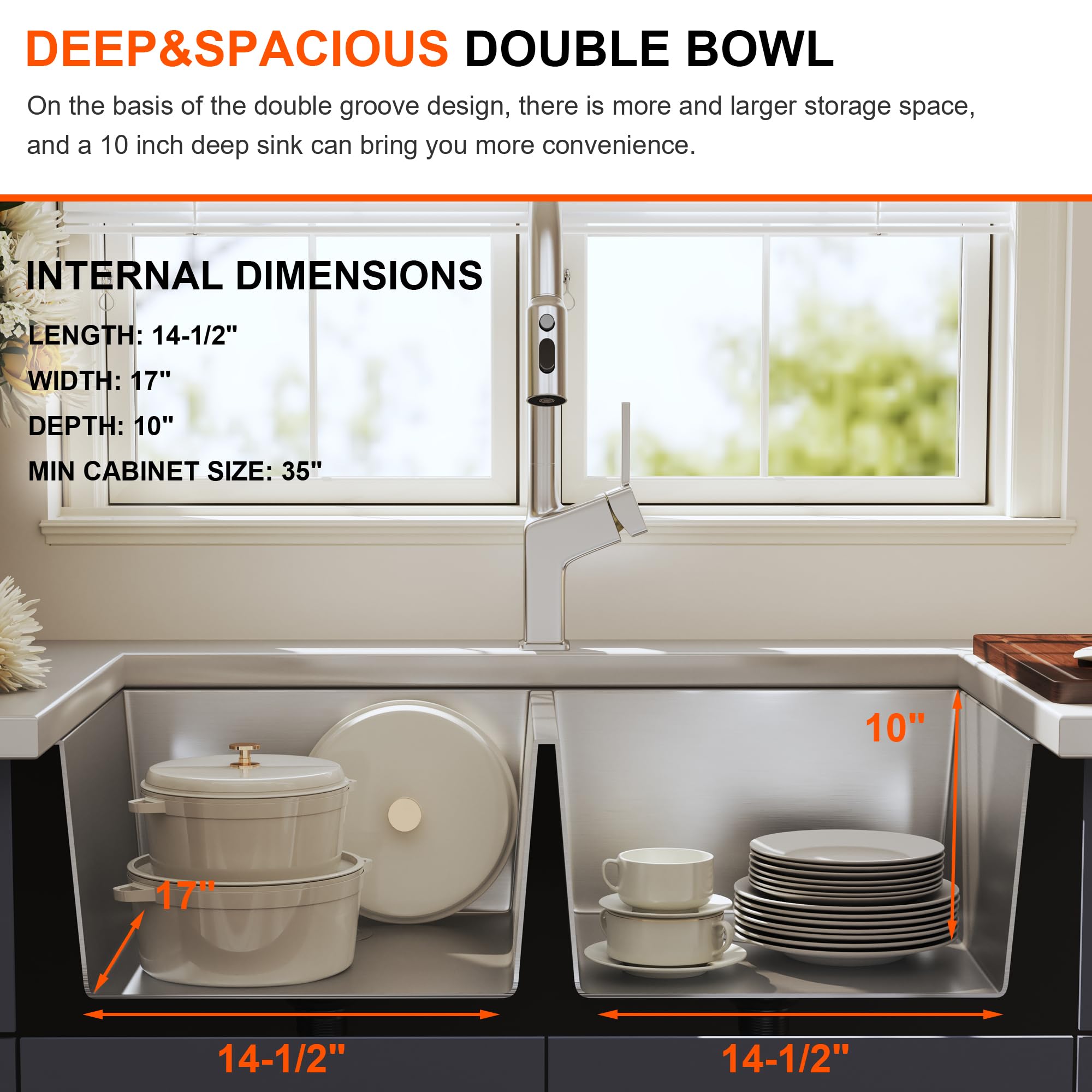 Blenzia 32 Inch Double Bowl Kitchen Sink Stainless Steel 16 Gauge Undermount Kitchen Sink 50/50 Equal Deep Sinks Strainer Is Inc