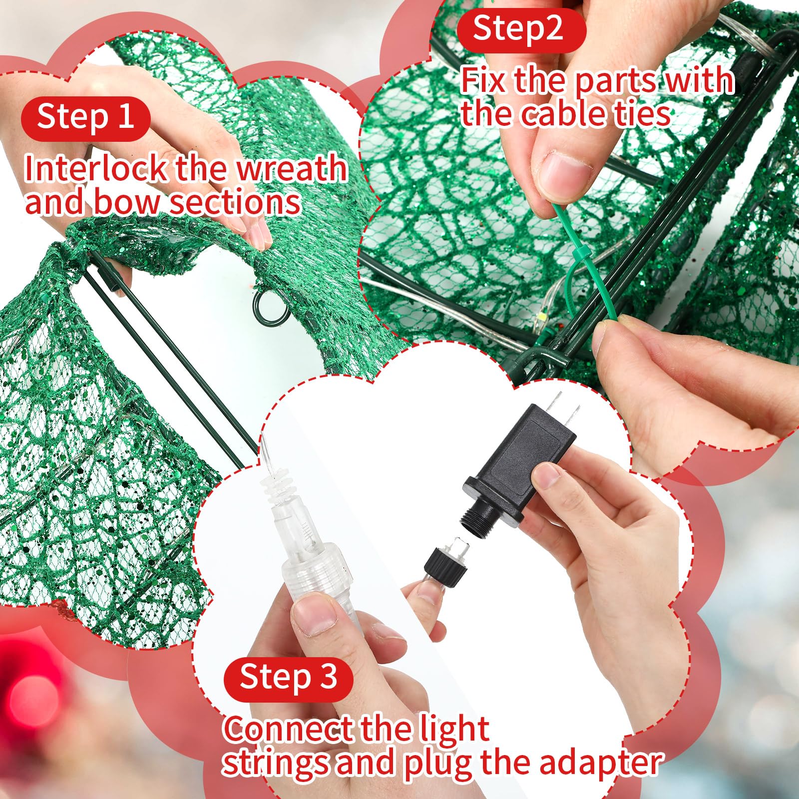 Baquler 36 Inch Pre-lit Christmas Wreath Decoration Metal Xmas Wreath Outdoor with Red and Green Led Lights for Home Garden Yard