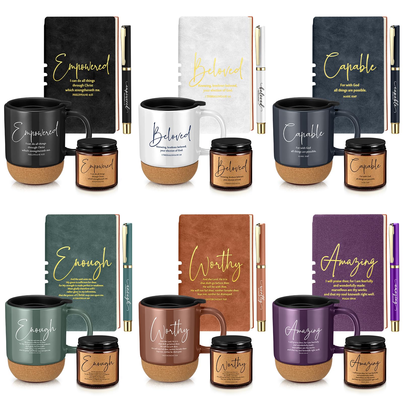 FillTouch 6 Set Christian Gift for Women Men Coffee Mug Journal Pen Candle
