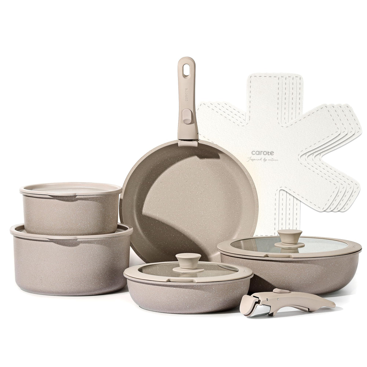 CAROTE 15pcs Pots and Pans Set, Nonstick Cookware Set Detachable Handle, Induction Kitchen Cookware Sets Non Stick with Removabl