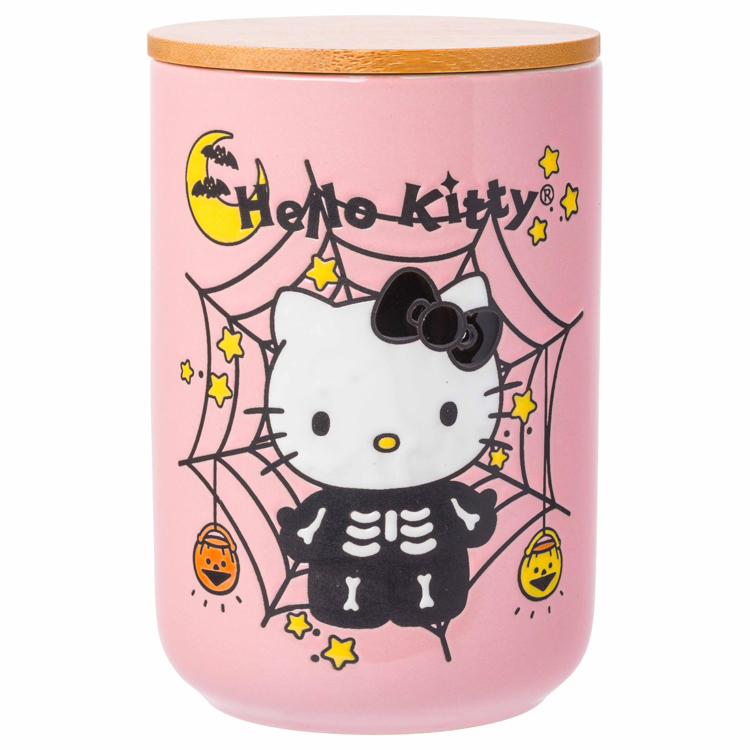 Silver Buffalo Sanrio Hello Kitty Halloween Spooky Skeleton Web Ceramic Cookie Snack Candy Jar With Airtight Bamboo Lid, Lavende