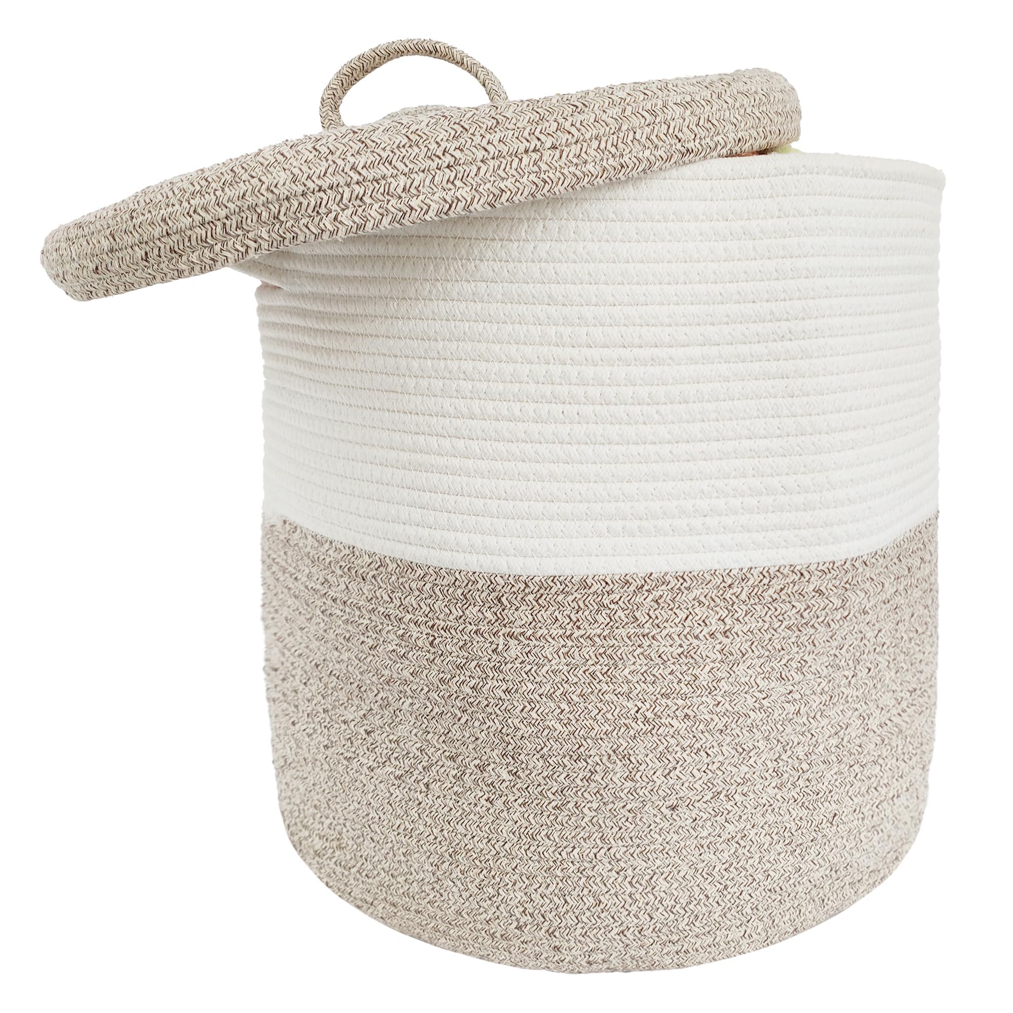 Large Storage Basket With Lid 60L, 16Wx18H Woven Laundry Hamper Basket With Handle, Room Decor Cotton Rope Wicker Basket Toy Org