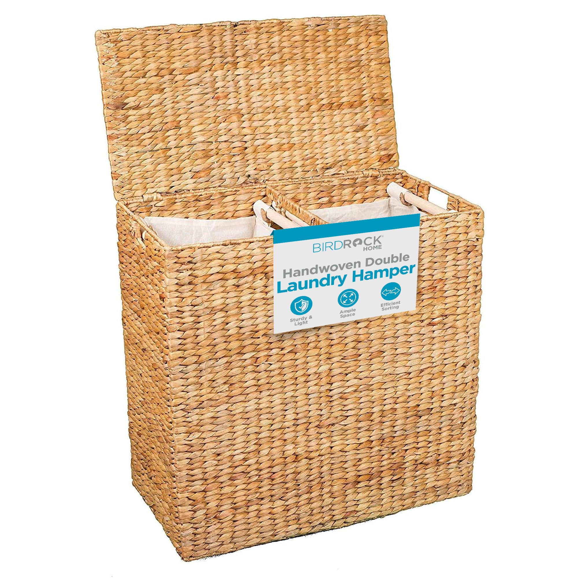 BIRDROCK HOME Handwoven Double Laundry Hamper | Removable Liner Bags | Laundry Basket with Lid - College Dorm Room Essentials, B