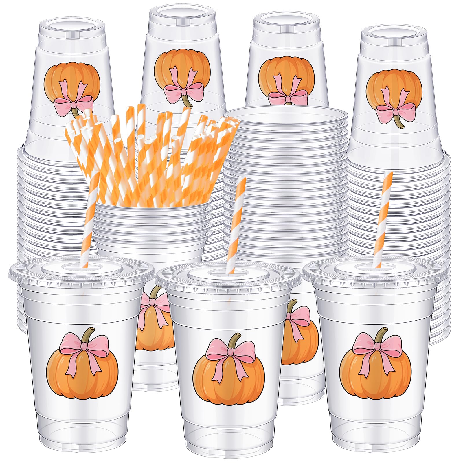 Sliner 50 Pcs Fall Pumpkin Cups with Straws, Pumpkin