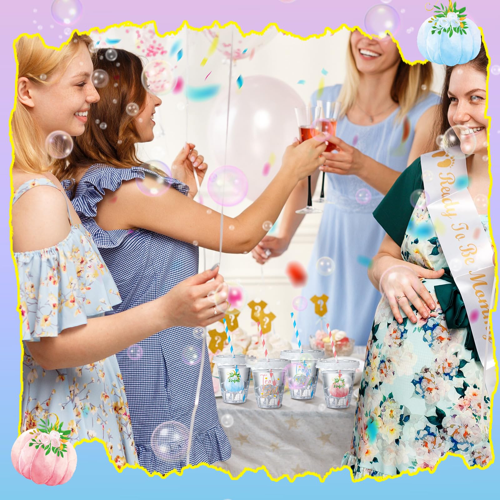 Jingmore 50 Set Pumpkin Gender Reveal Decorations 12 oz Team Boy Team Girl Cups with Lid and Straw Gender Reveal Pink and Blue C