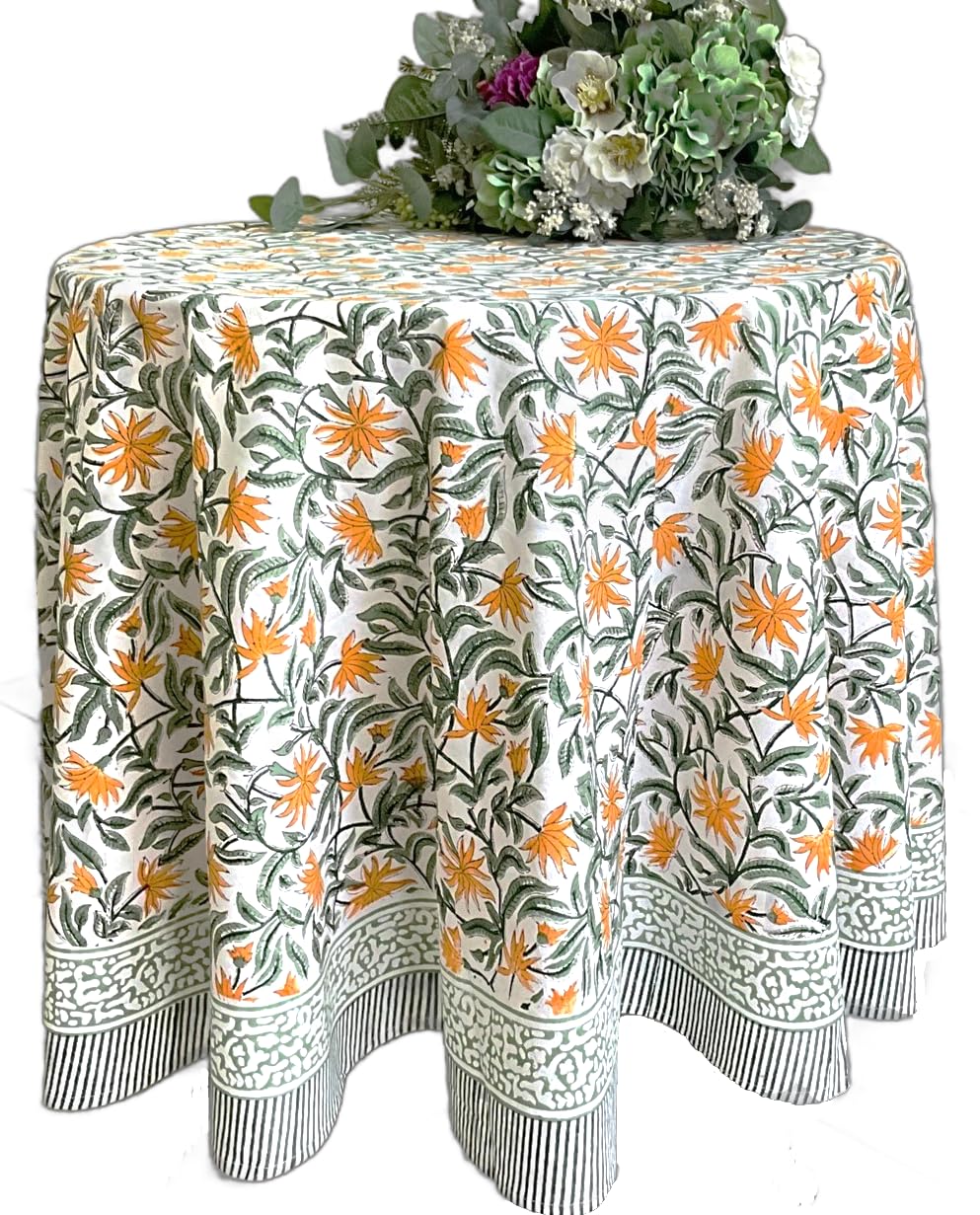 ATOSII Noor 100% Cotton Round Tablecloth, Handblock Print Floral Table Cloth for Kitchen Dining Linen I Parties, Weddings, Outdo