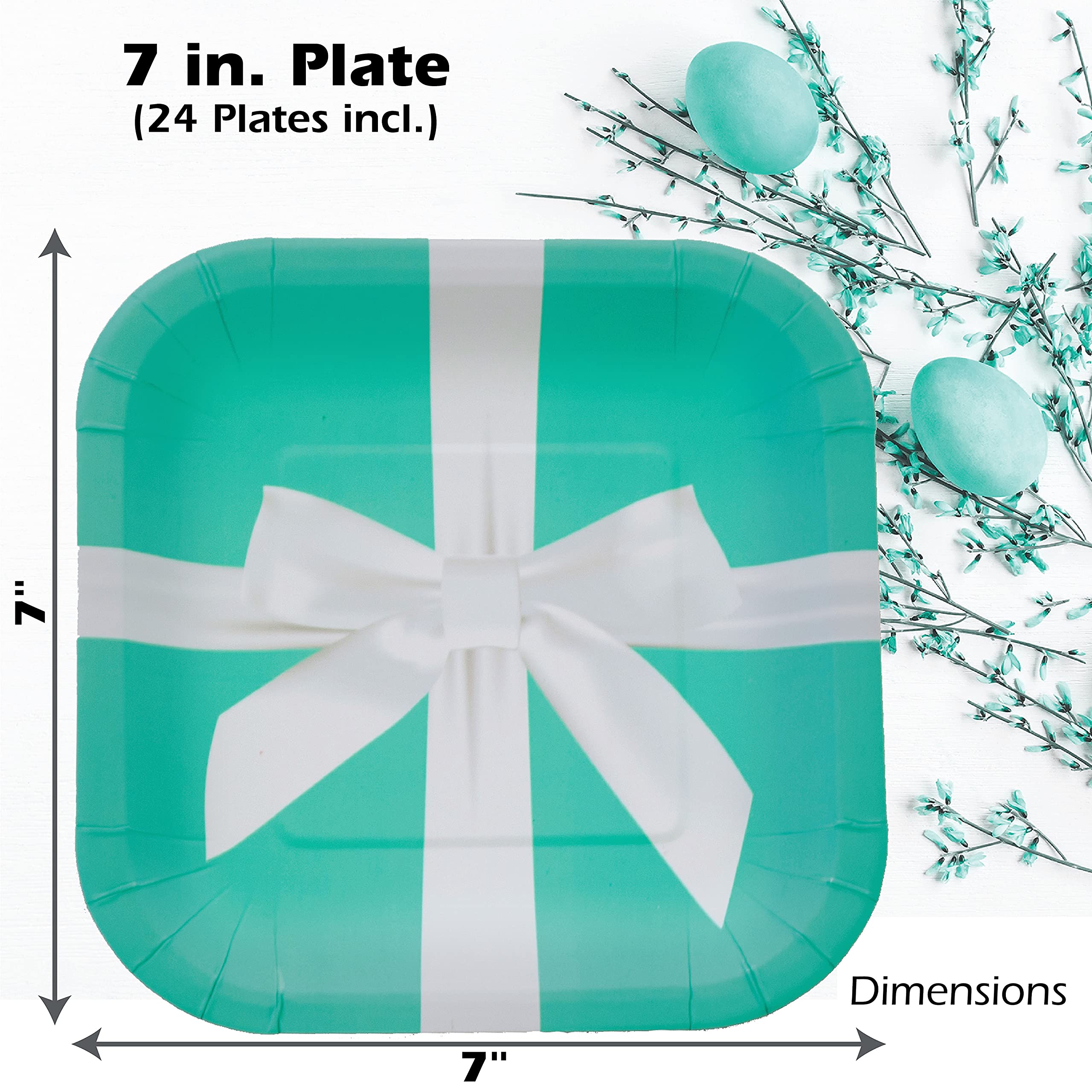 Havercamp Iconic Turquoise Jewelry Box Plates (24 Pcs)! With Stunning Satin Bow. 7In. Square, Heavy Duty Paper Dessert Plates