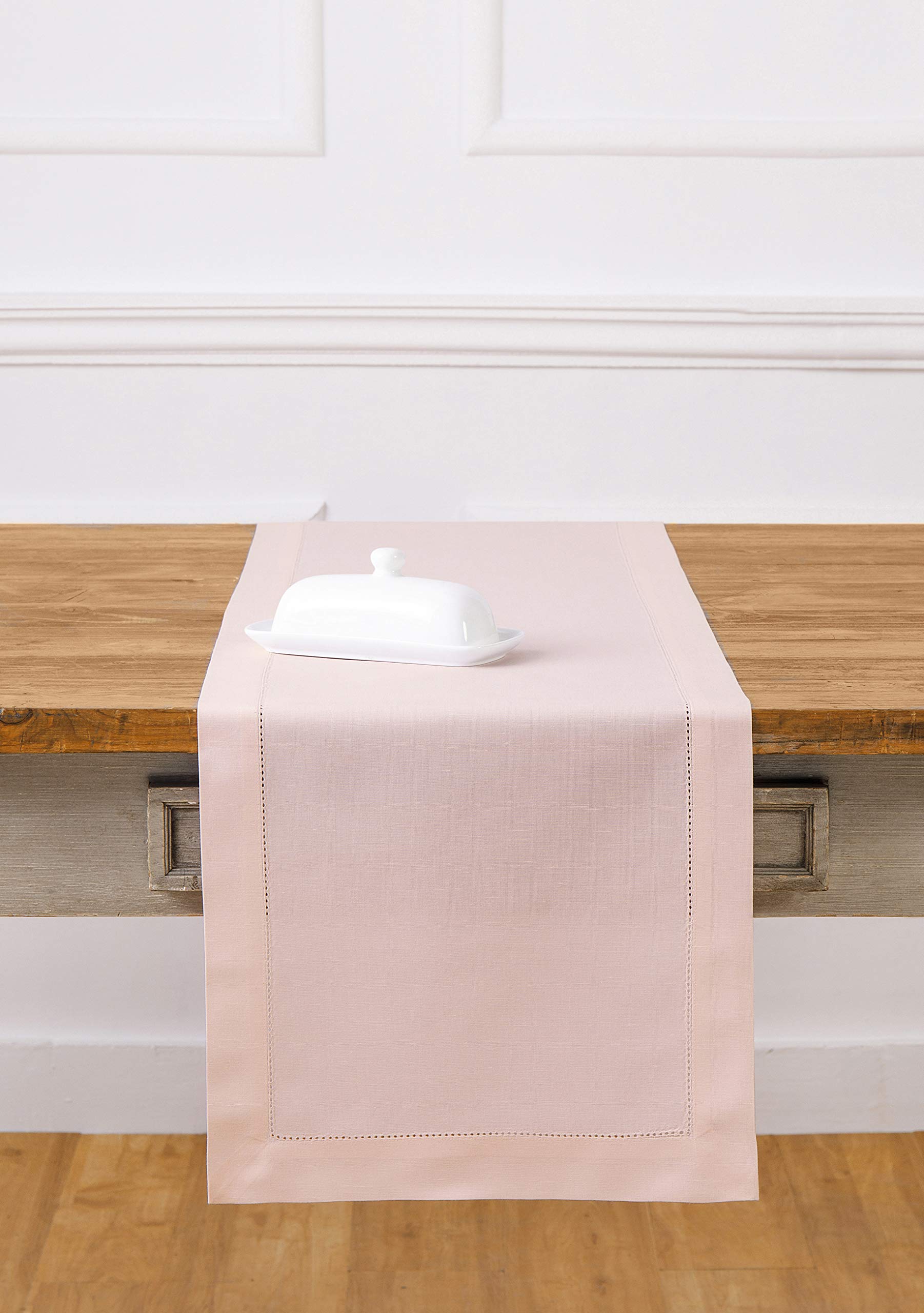 Solino Home Pink Table Runner 48 Inch - Cotton Linen Hemstitch Fall, Thanksgiving, Christmas Table Runner 14 X 48 Inch - Machine