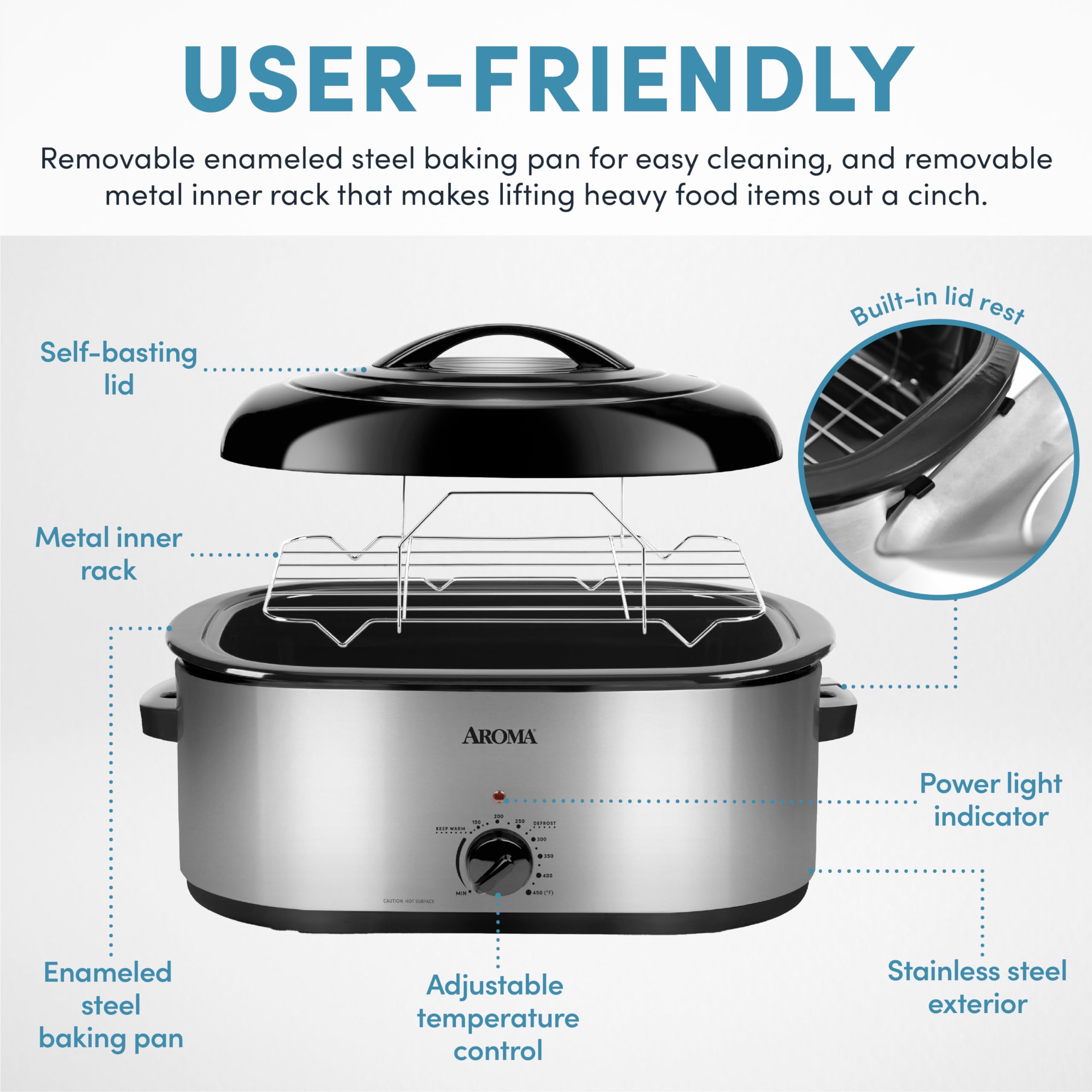 Aroma 22Qt. Roaster Oven With Self Basting Lid Stainless Steel