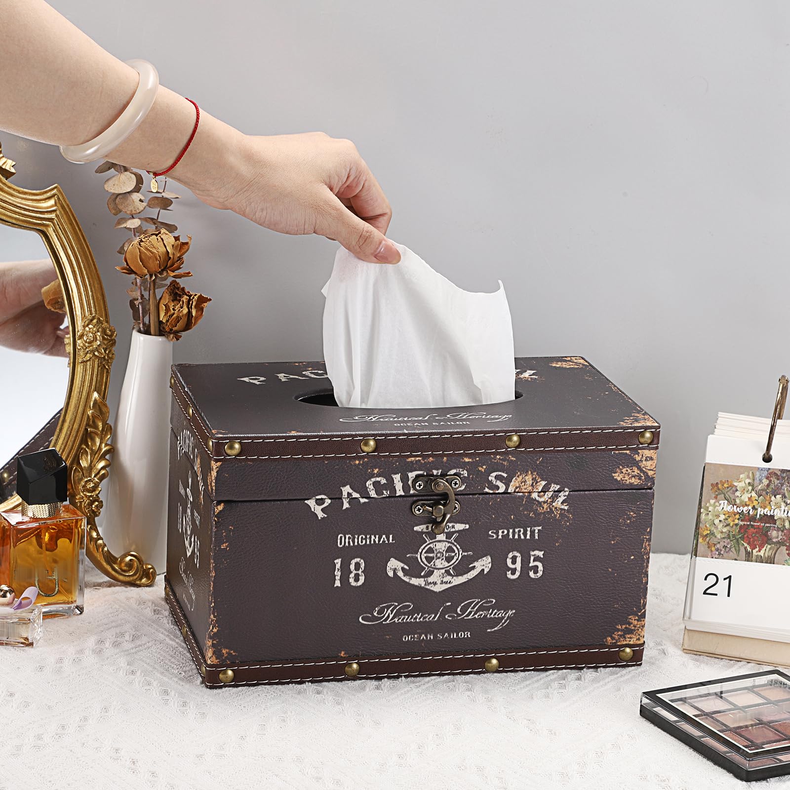 Sumnacon Tissue Box Cover Rectangle Wood Tissue Box With Hinged Lid, Vintage Pu Tissue Box Holder Retro Brown Tissue Cover For B