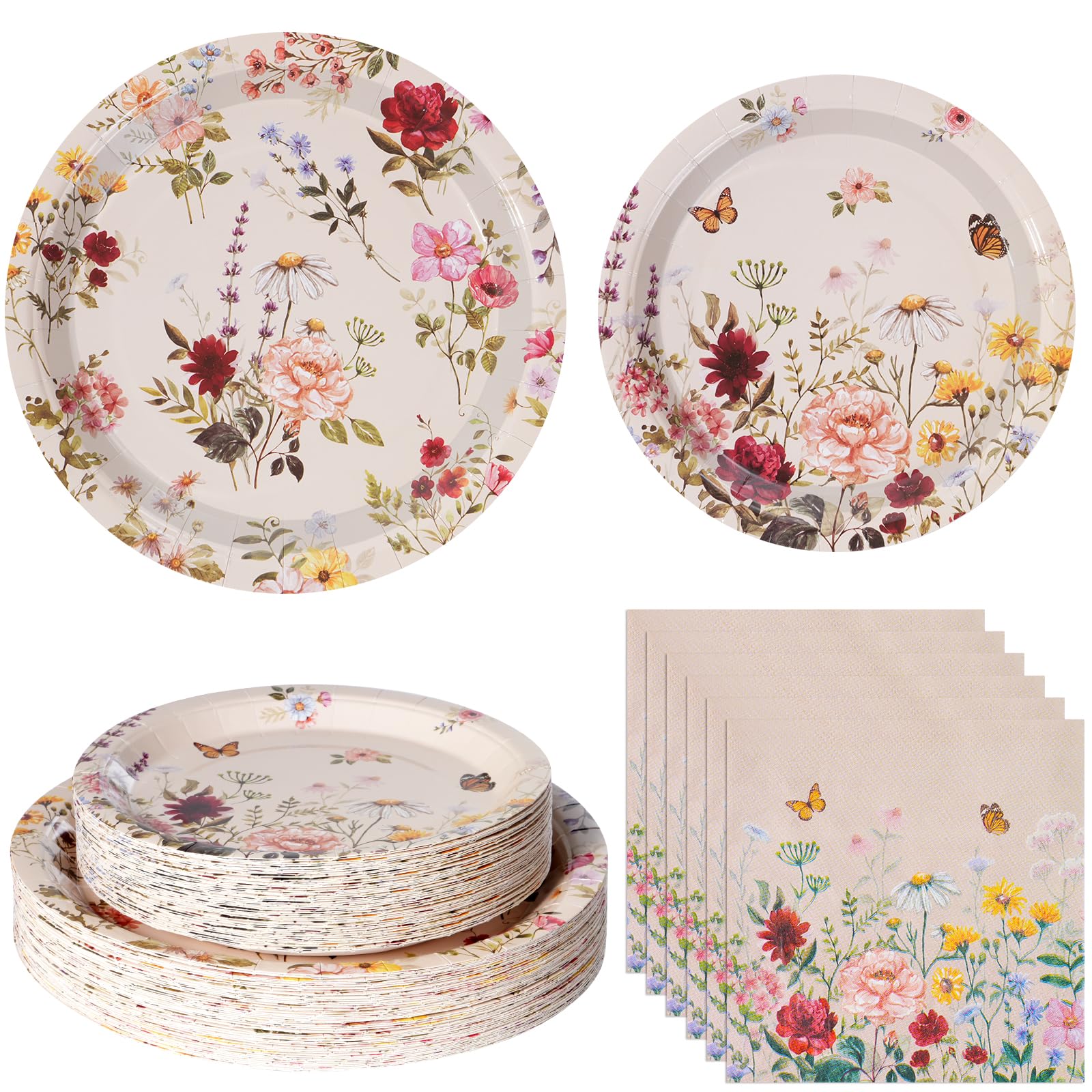 YIDAKO 200pcs Floral Paper Plates Napkins Set,50set Disposable Wildflower Plate and Napkin for Spring Party,Bridal Shower,Weddin