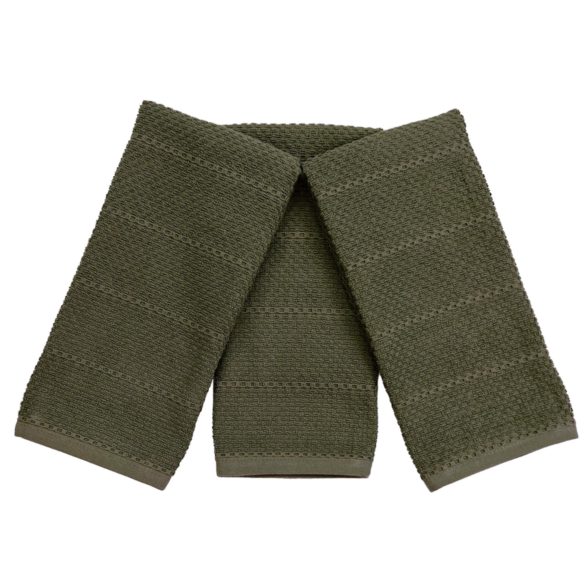 Olive Green Kitchen Hand Dish Towels: Oversized 28'' X 18'',100% Cotton Cloth Soft Cleaning Drying Absorbent Ribbed Design, Set