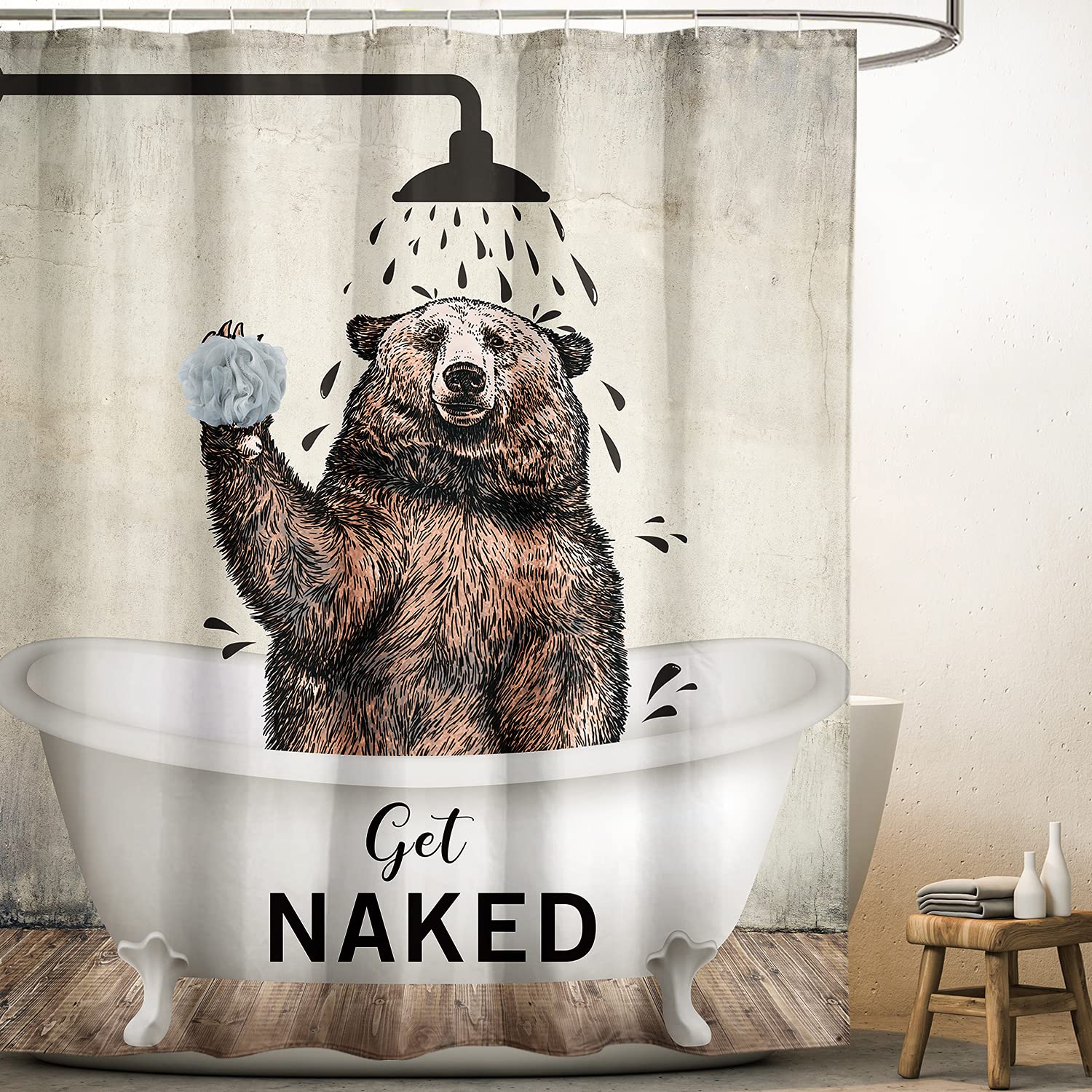 Yookeb Bear Funny Animal Get Naked Bathroom Shower Curtain 71W By 71H Inch Brown Cute Bathtub Farmhouse Kids Polyester Fabric 12