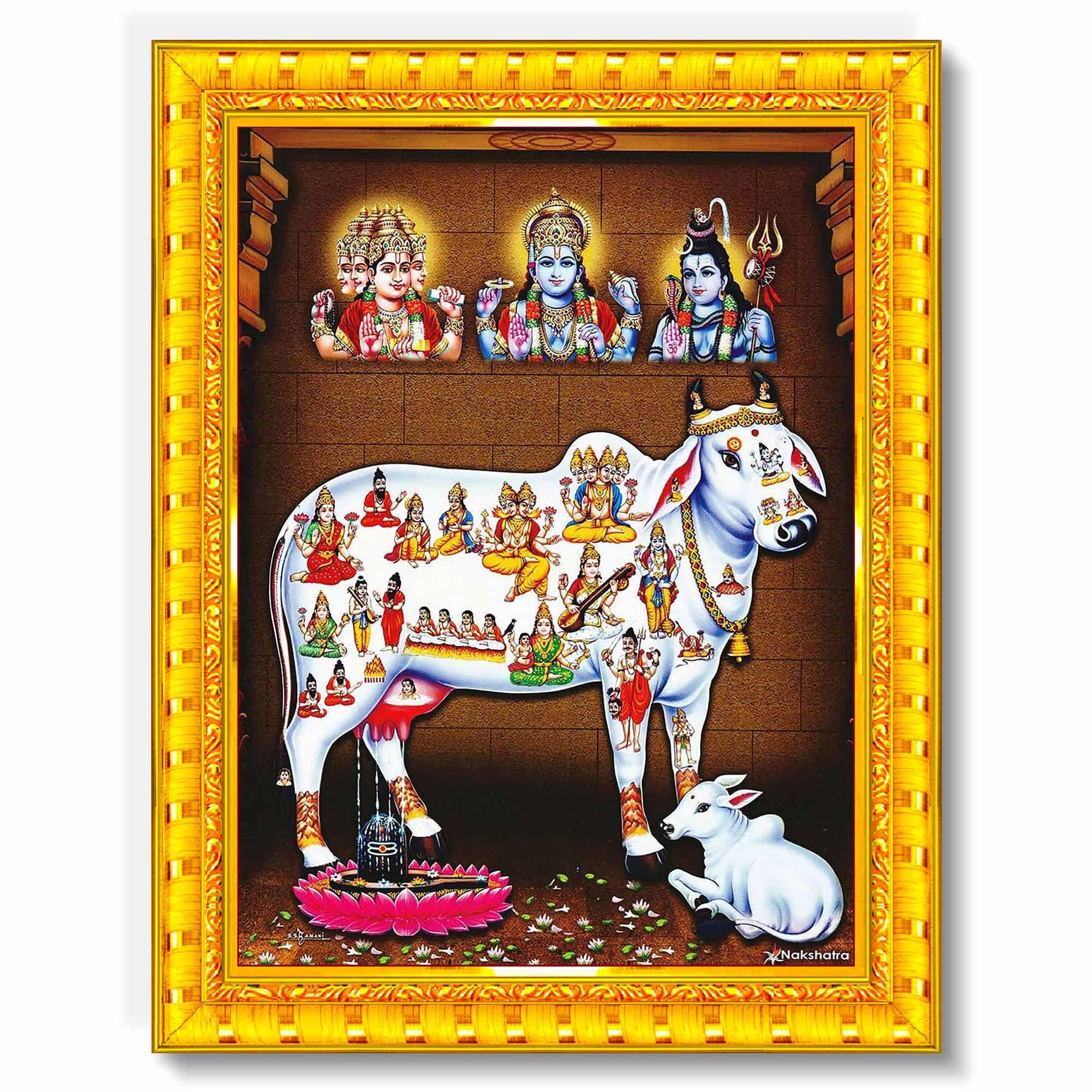 Pavan Photo Laminations Gomatha Gomata Komatha Cow And Calf Kamdhenu Wall Painting Framed Home Decor (Wood,Matte,Gold,Big Size,1