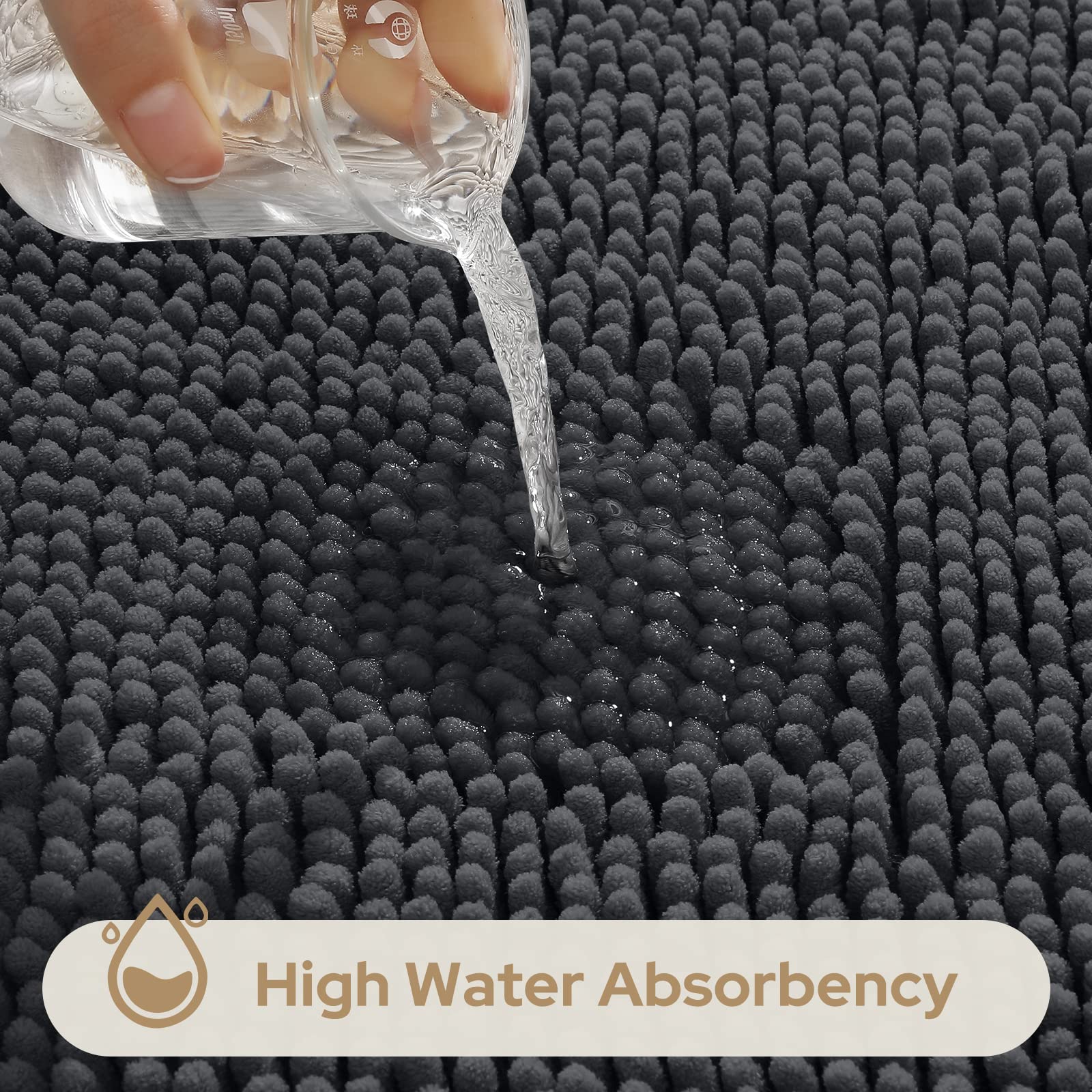 Homeideas 3 Pieces Bathroom Rugs, Ultra Soft Non Slip Absorbent Chenille Toilet Bath Mat Set (Charcoal/Dark Grey)