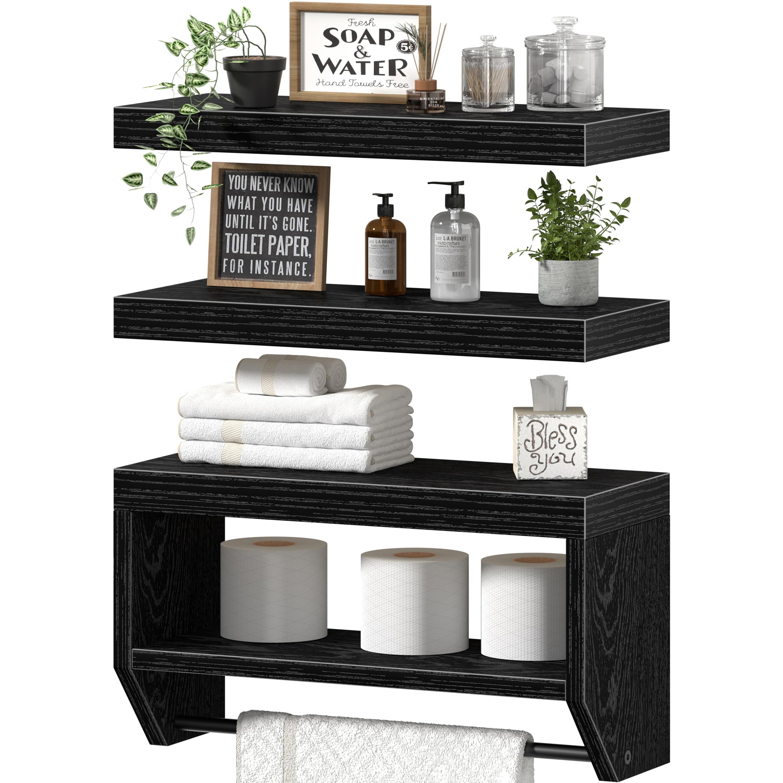 QEEIG Bathroom Floating Shelves for Wall - Shelf Over Toilet Paper Storage Farmhouse 16 inch Set of 3, Black (028-40B3)