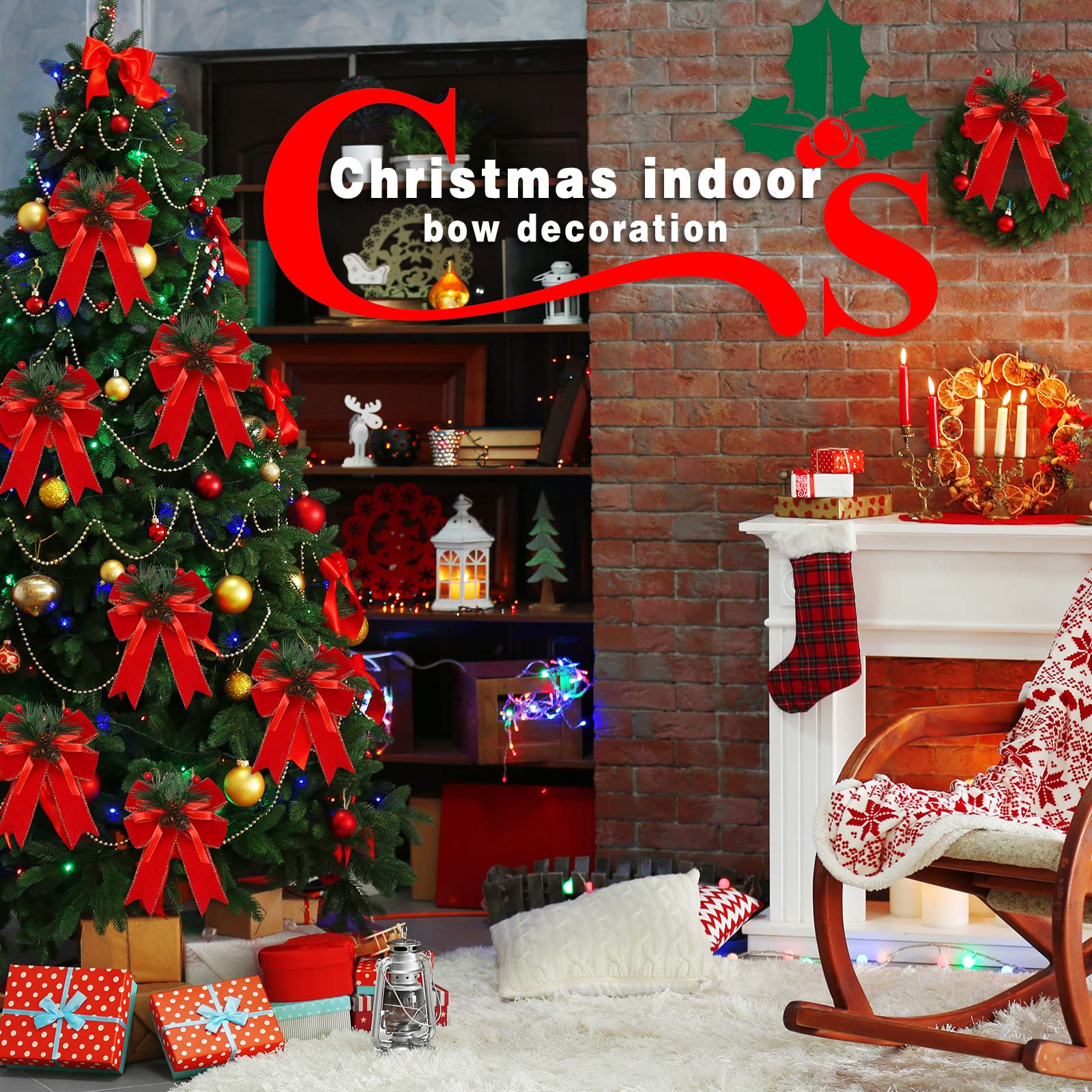 Syhood 6 Pcs Christmas Bows with Pine Cones Pine Needles Xmas Velvet Bows Red Ribbon Christmas Tree Wreath Decoration for Xmas P