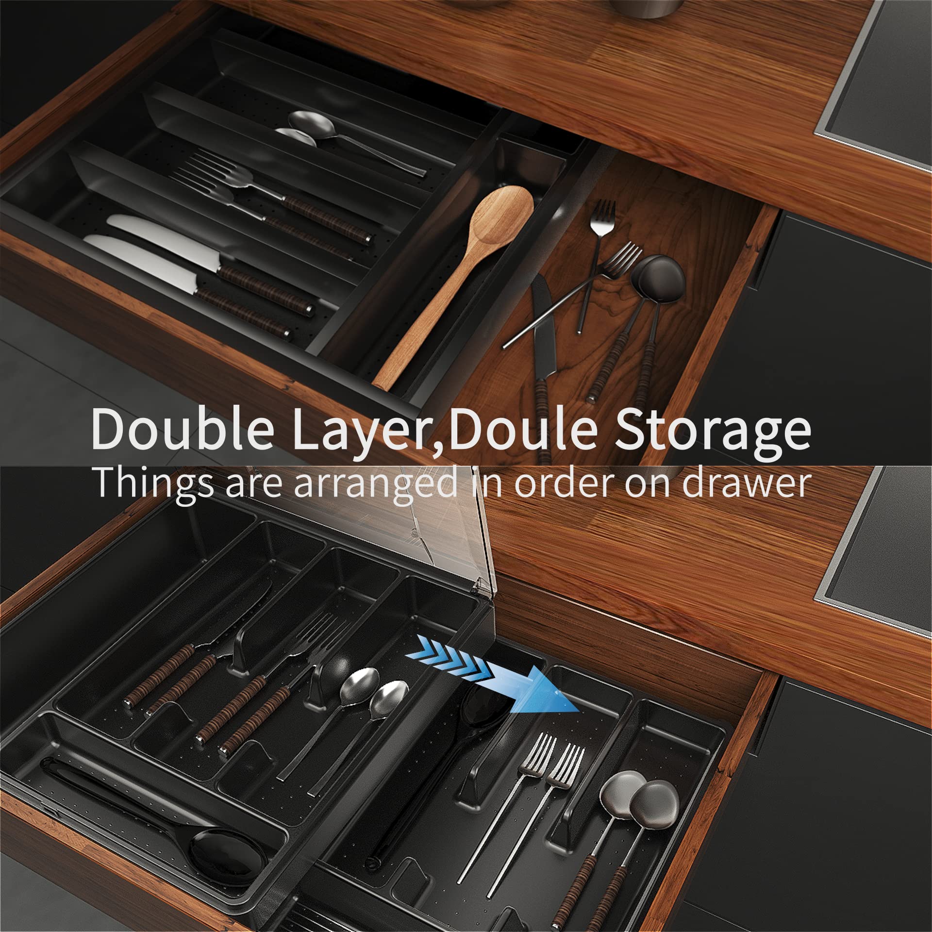 Kurberson Double Layer Silverware Tray With Lid, Drawer Organizer For Utensil Tray, Cutlery Storage Holder With Cover, Black