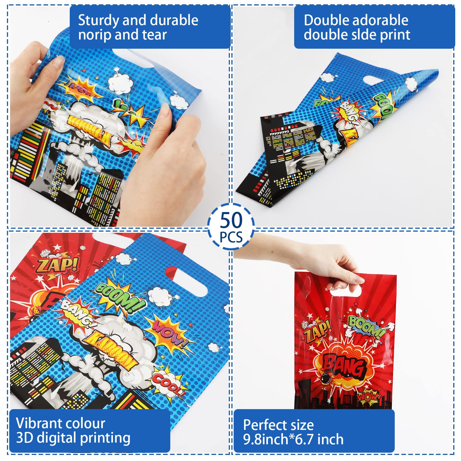 50 PCS Super Theme Hero Party Favor Bags Hero Happy Birthday Goodie Bags Hero Action Sign Candy Treat Bags Durable Plastic Hero Gift Bag for Baby Shower Boys Girls Birthday Party Decorations Supplies