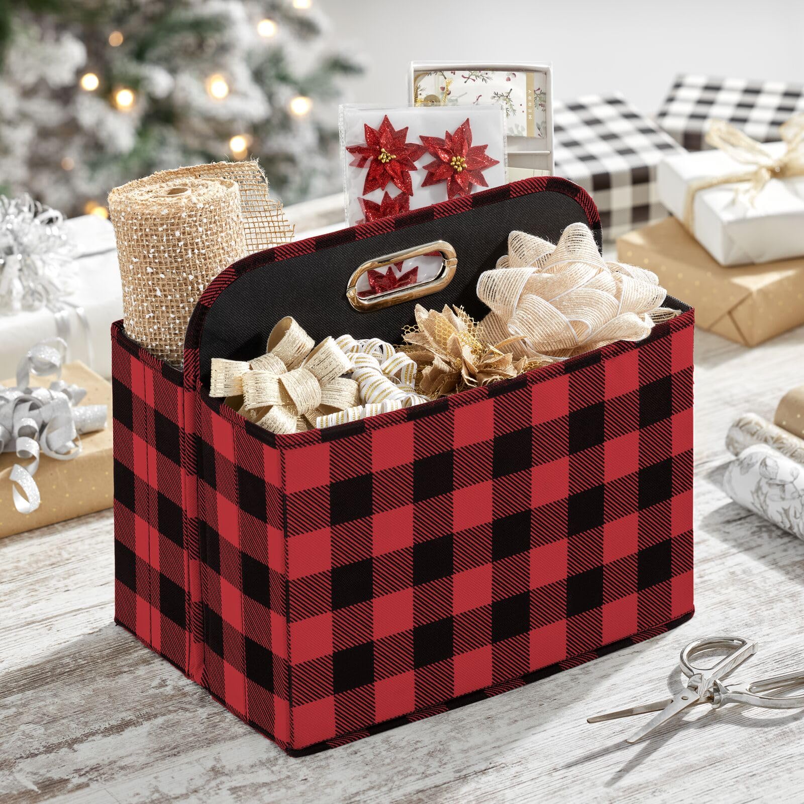 Mdesign Holiday Storage Box For Gift Wrapping And Bows With Compartments And Handle - Christmas Organizer Tote For Ribbons - Div