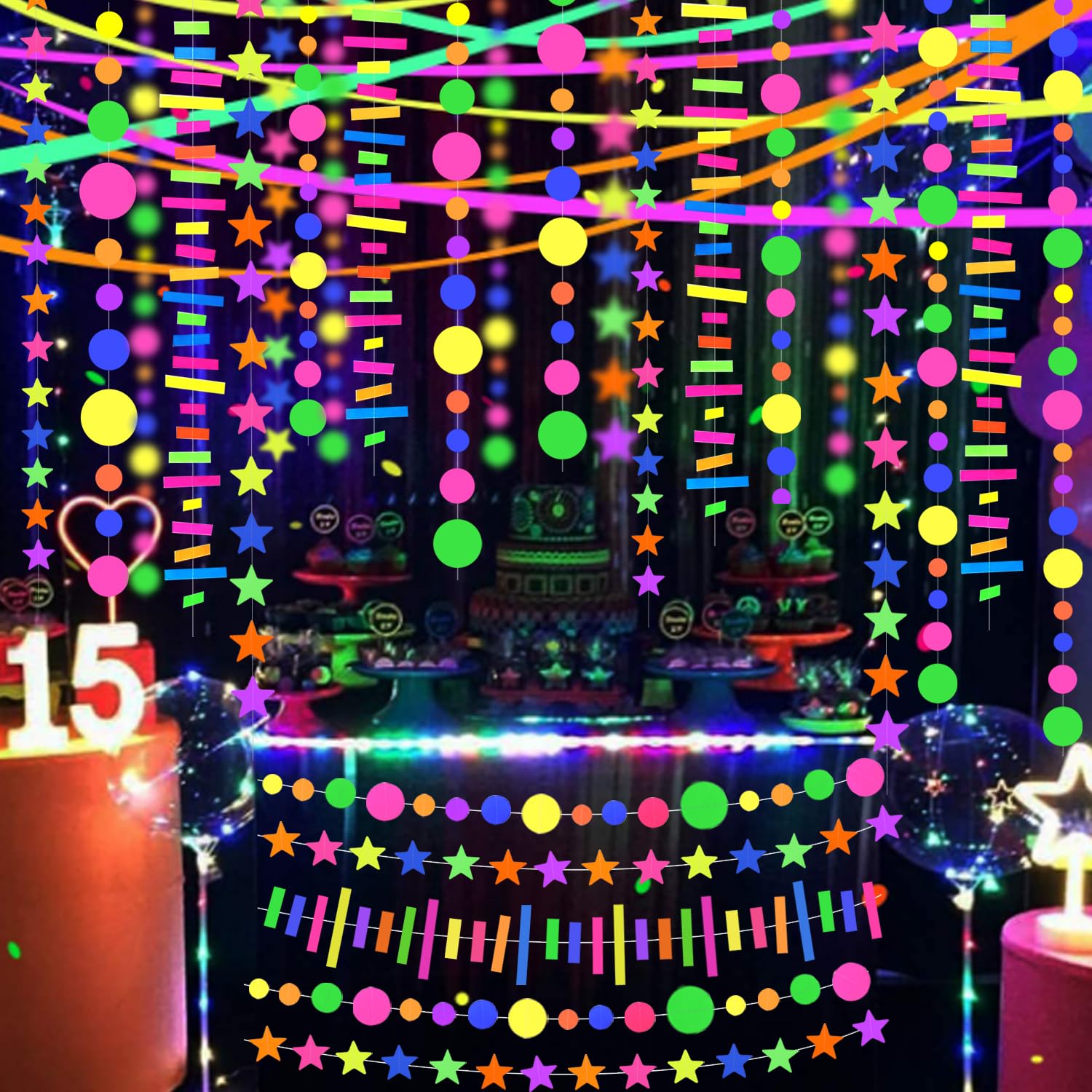 120Feet Uv Round Dot Paper Neon Garland Neon Streamers Neon Decorations Glow Party Uv Reactive Black Light Neon Party Favors Glo